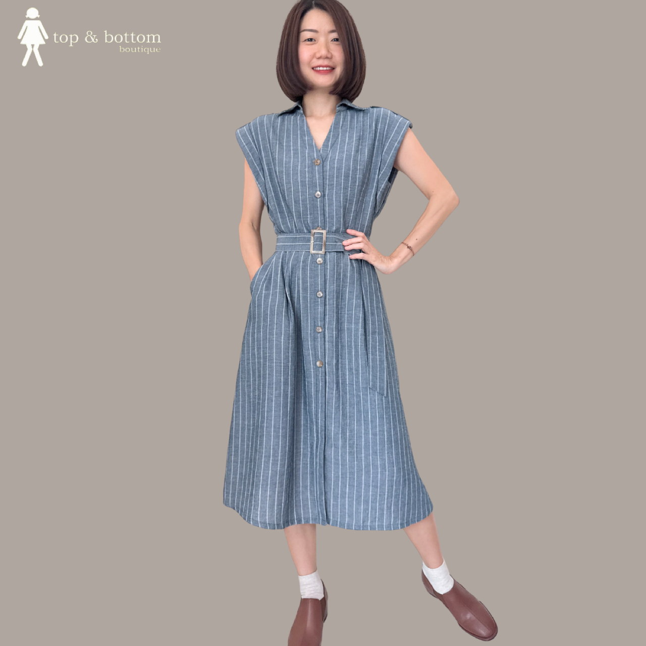 V SLEEVE STRIPED BUTTON MIDI DRESS WITH BELT