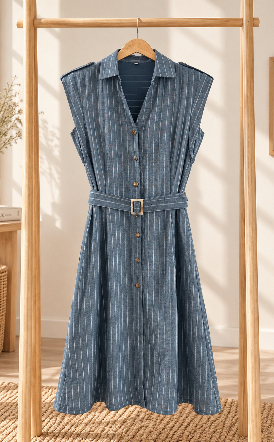 V SLEEVE STRIPED BUTTON MIDI DRESS WITH BELT