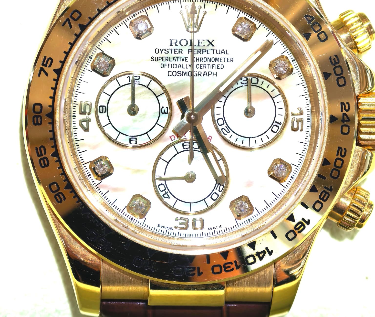 95%NEW二手ROLEX DAYTONA 116518 40MM 18K金/鑲鑽珍珠母貝面/深啡色皮帶 #香榭站正品