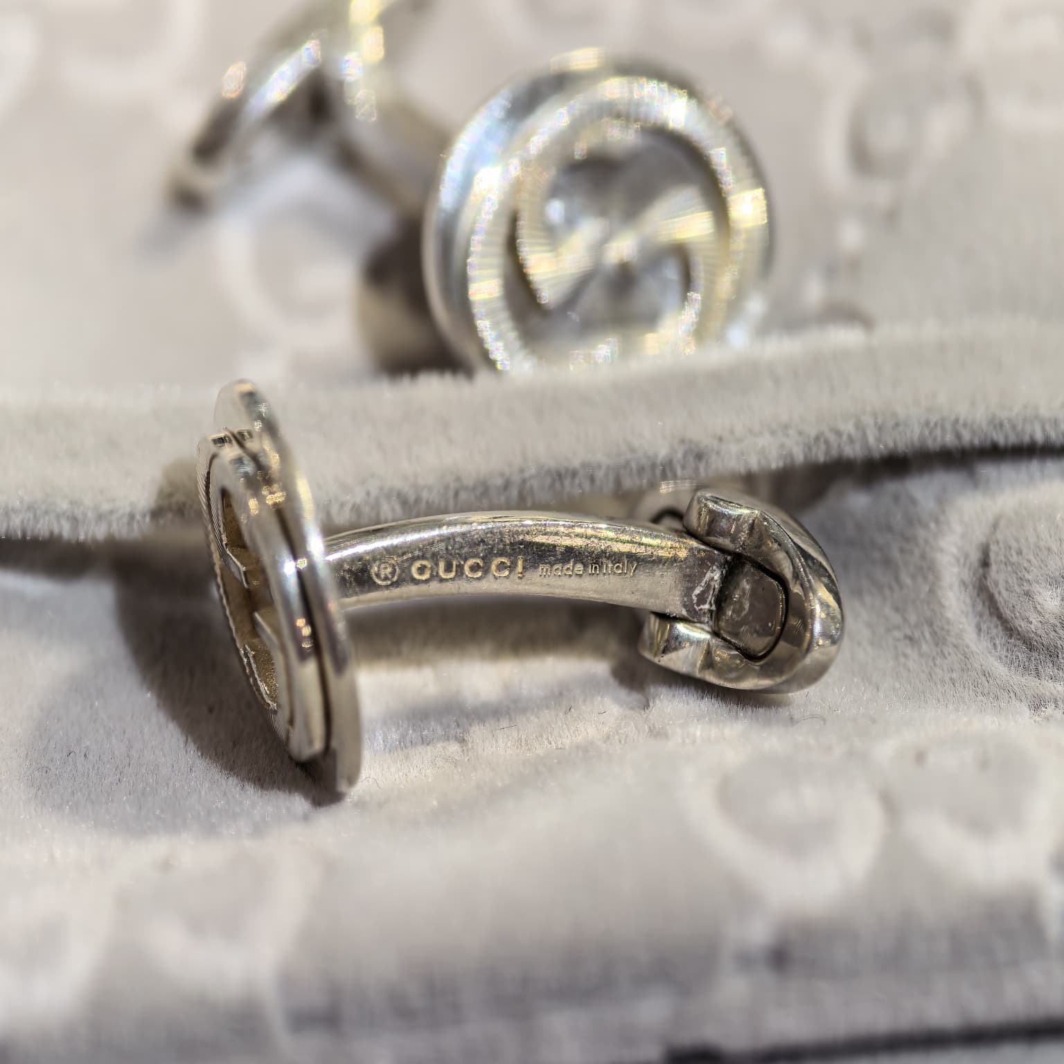 USED GUCCI袖口鈕, 雙G標誌雕刻袖扣, 925純銀, 925 SILVER, #香榭站正品