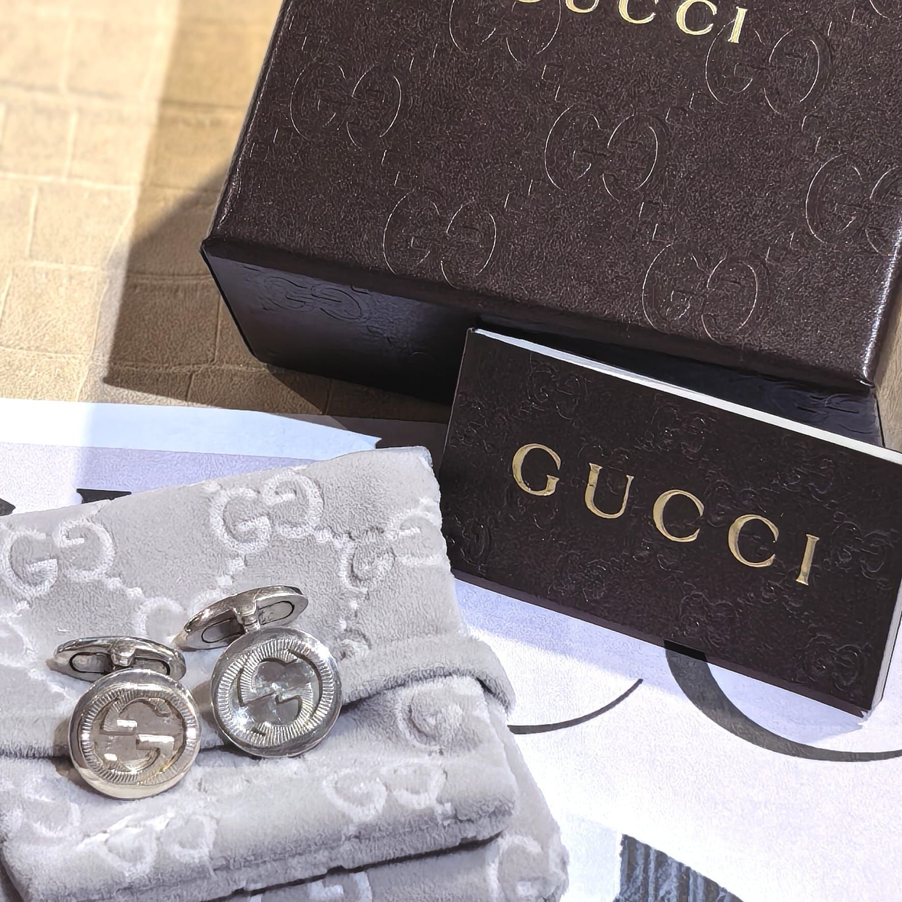 USED GUCCI袖口鈕, 雙G標誌雕刻袖扣, 925純銀, 925 SILVER, #香榭站正品
