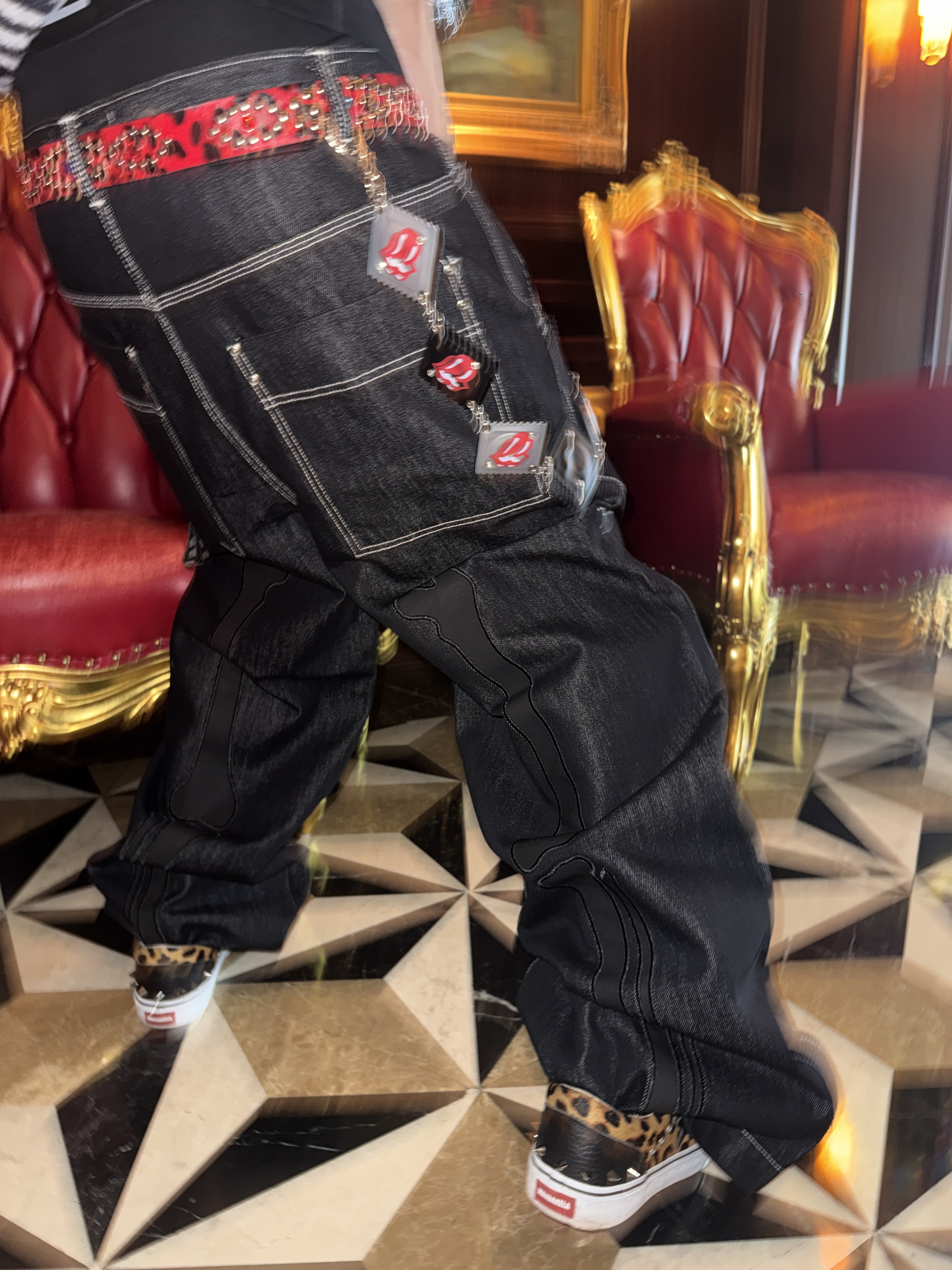 Fashion Killia BONES DENIM PANTS 原色 骨頭 拼布 丹寧褲