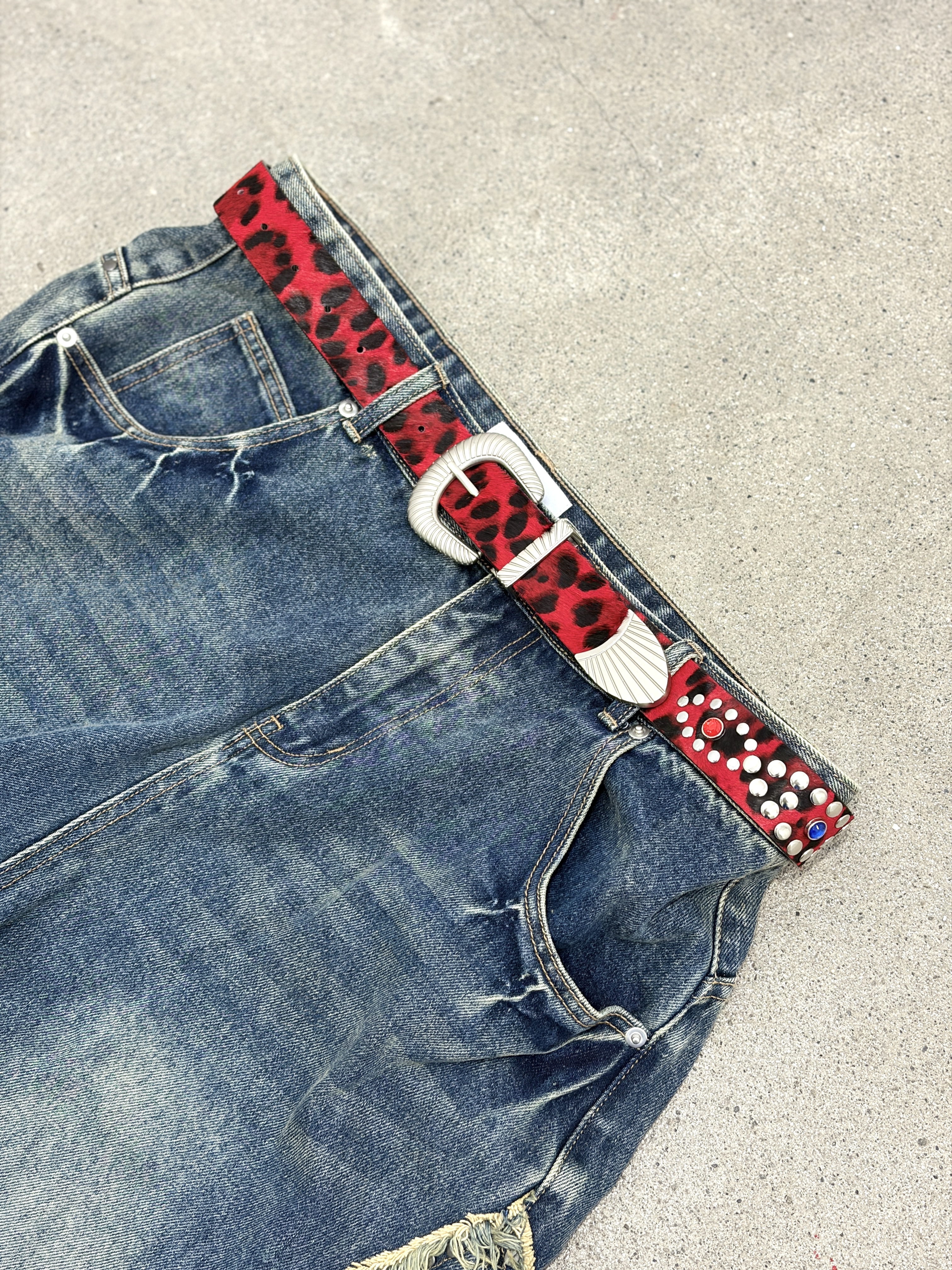 Fashion Killia WEST STUDDED LEOPARD BELT 豹紋 馬毛 鉚釘 皮帶