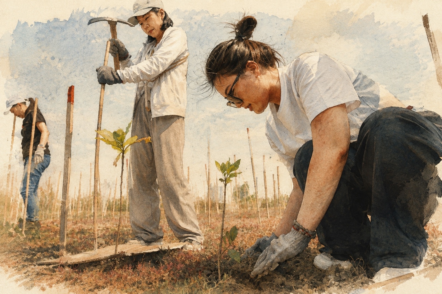 以聯合報系與樹同行植樹活動為靈感的人文插畫