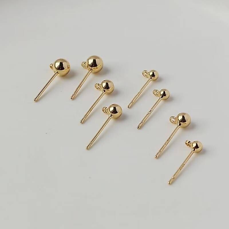 14K金帶孔球耳針(1對)｜925銀針 DIY耳飾材料