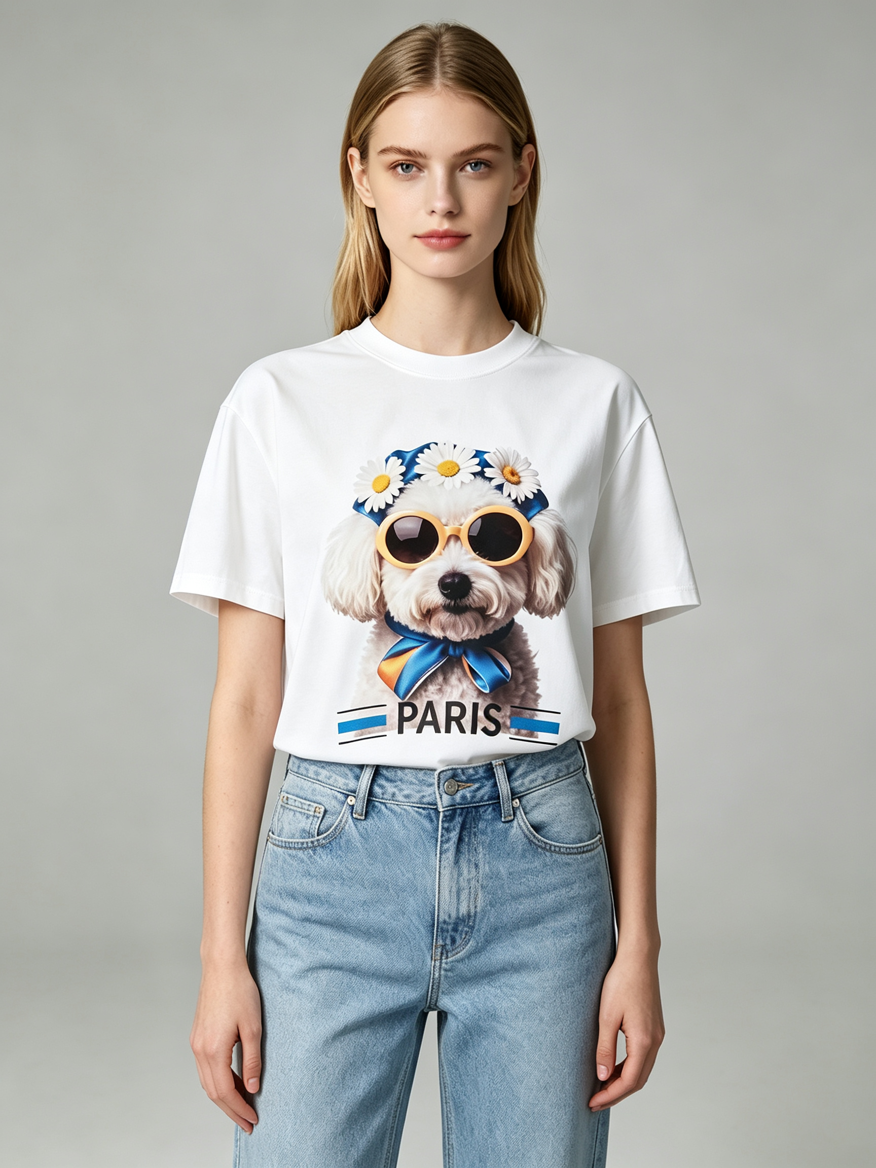 TOP-CCG0909-007 Daisy Pup Sunglasses Tee (A7)(S-XXXXL)