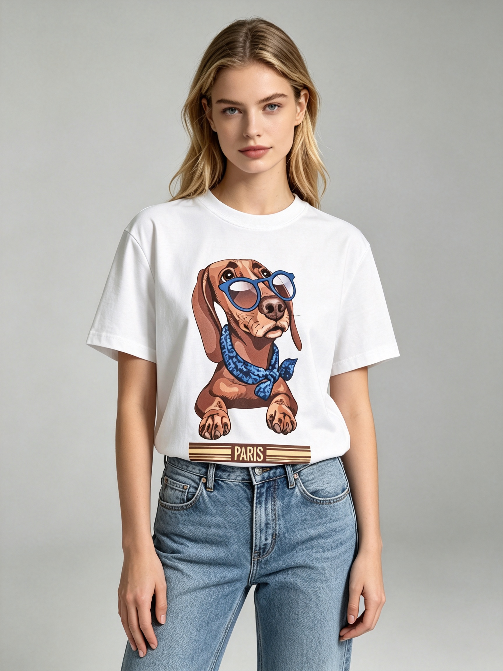 TOP-CCG0909-005 Dachshund Blue Sunglass Bandana Tee (A5)(S-XXXXL)