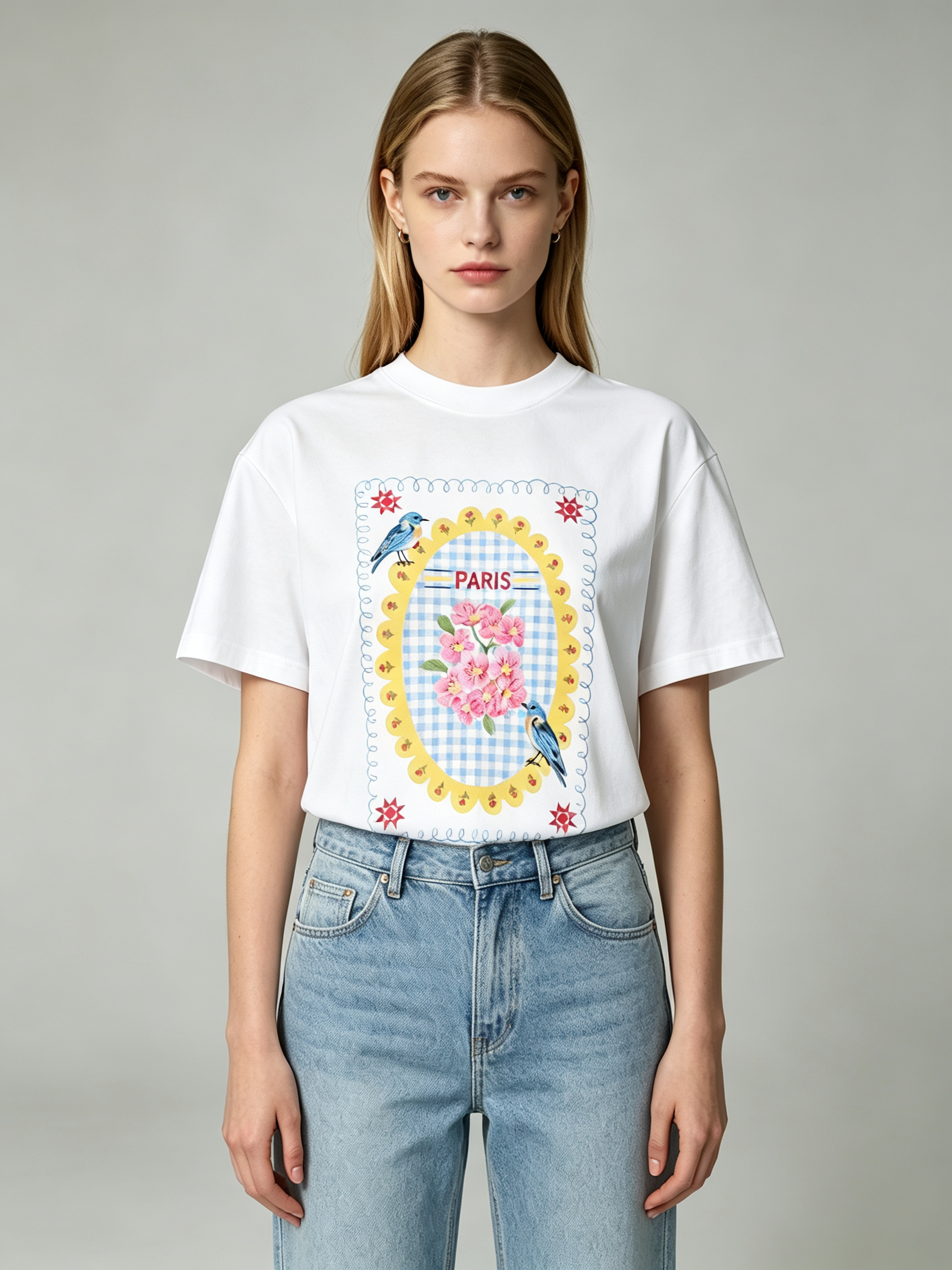 TOP-CCG0909-008 Floral Bird Gingham Tee (A8)(S-XXXXL)