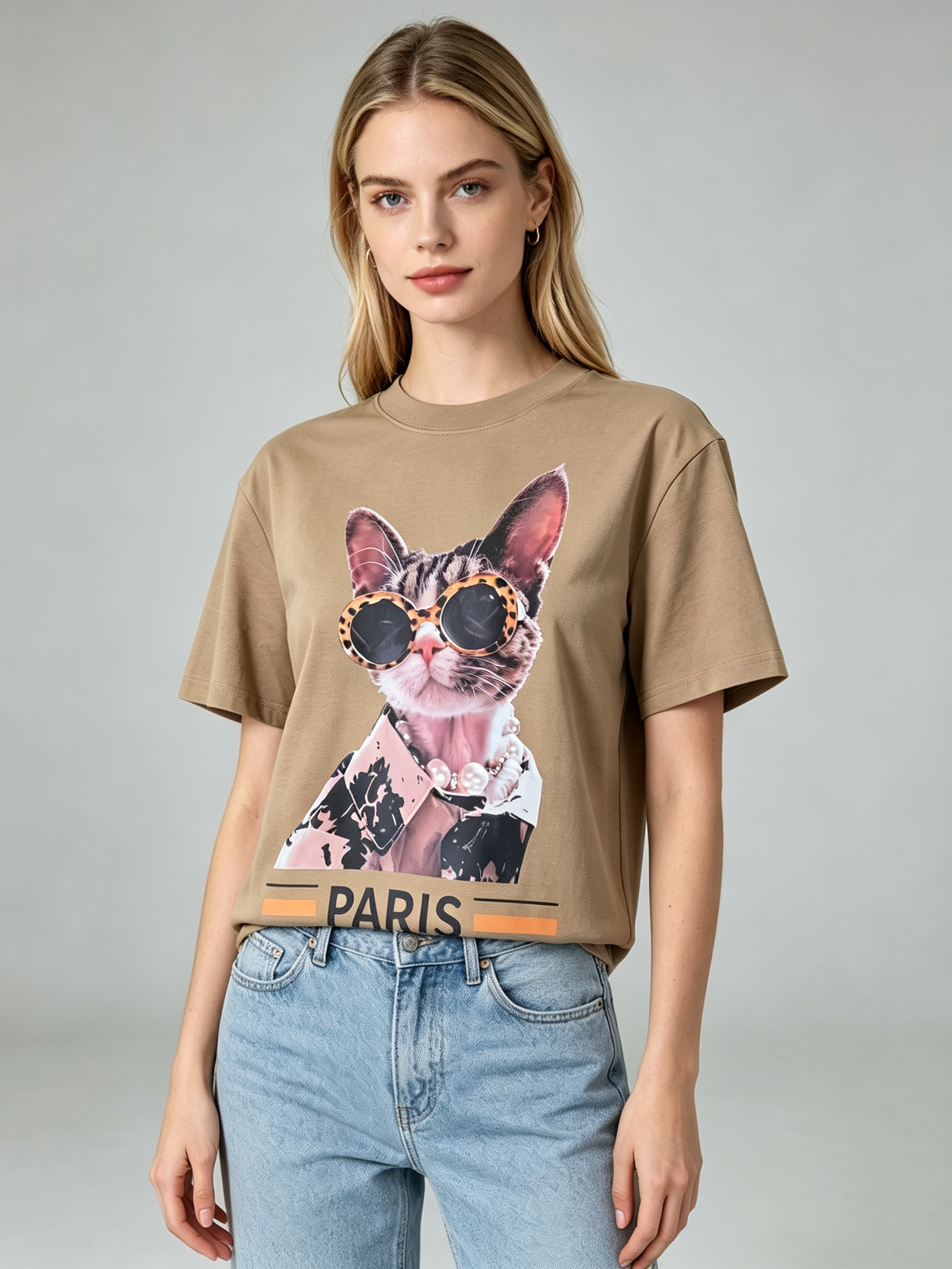TOP-CCG0909-015 Leopard Sunglass Pearl Chic Cat Tee (A15)(S-XXXXL)