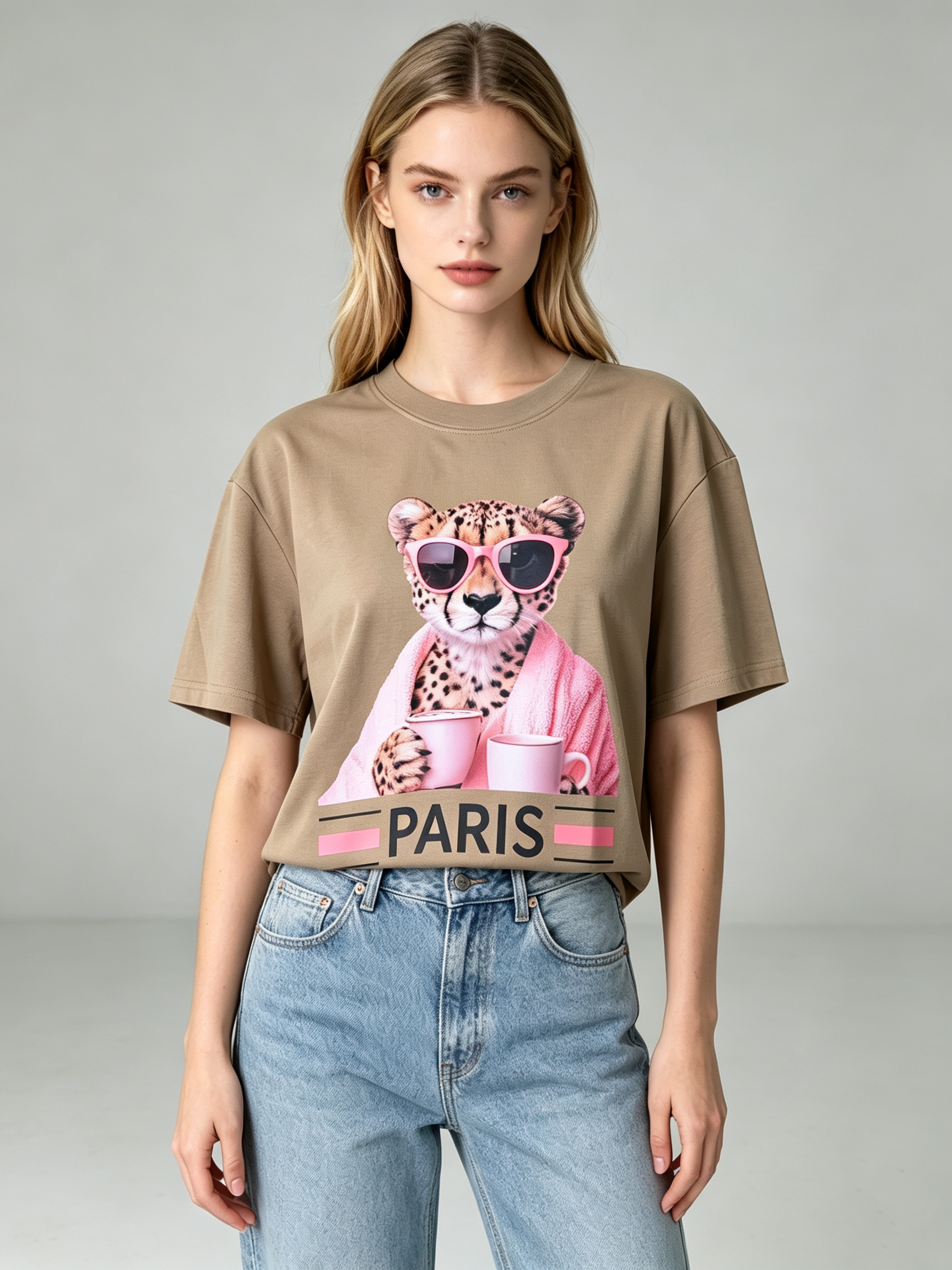 TOP-CCG0909-023 Pink Robe Cheetah Coffee Tee (咖色) (A23)(S-XXXXL)