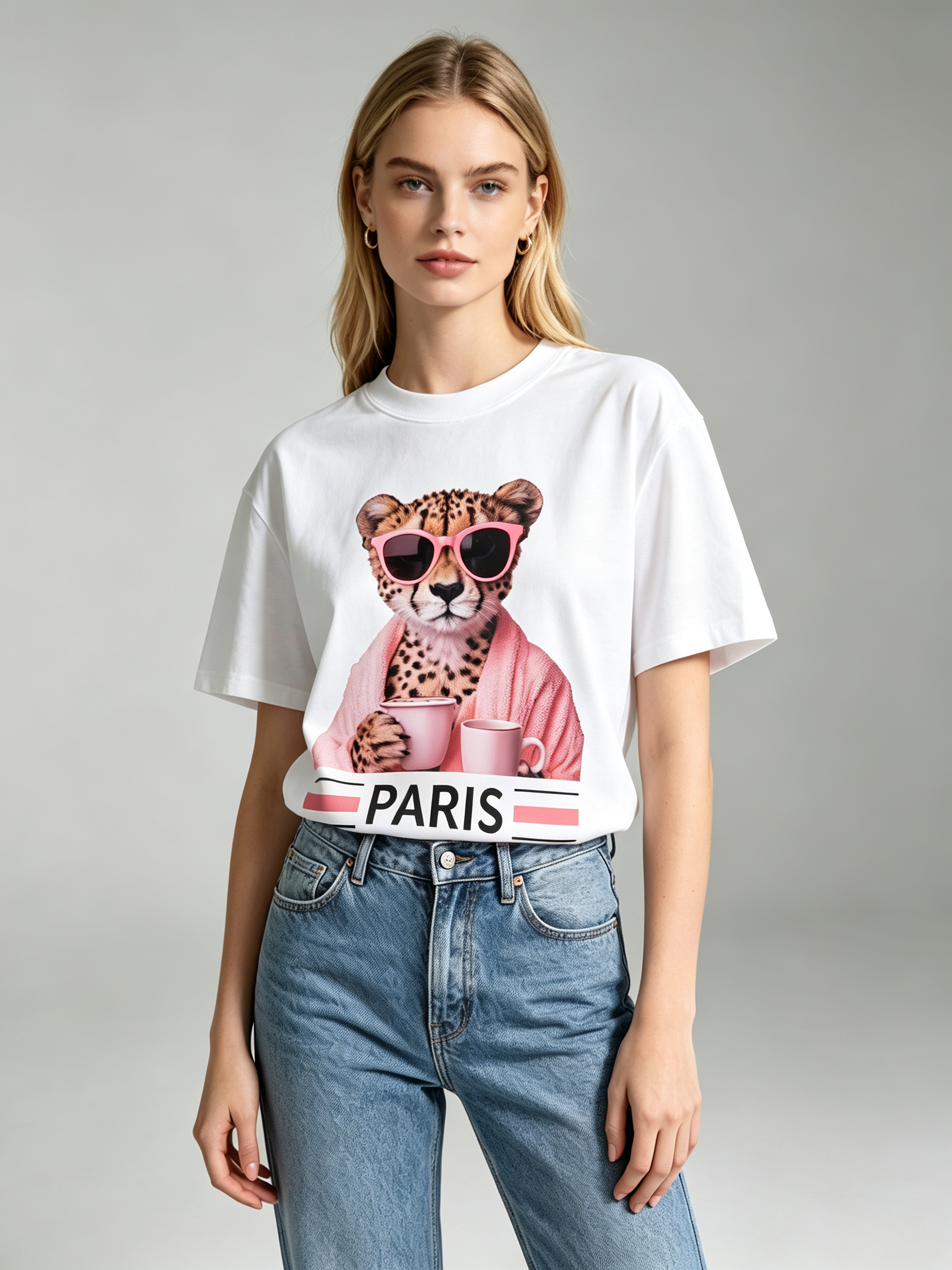 TOP-CCG0909-022 Pink Robe Cheetah Coffee Tee (白色) (A22)(S-XXXXL)