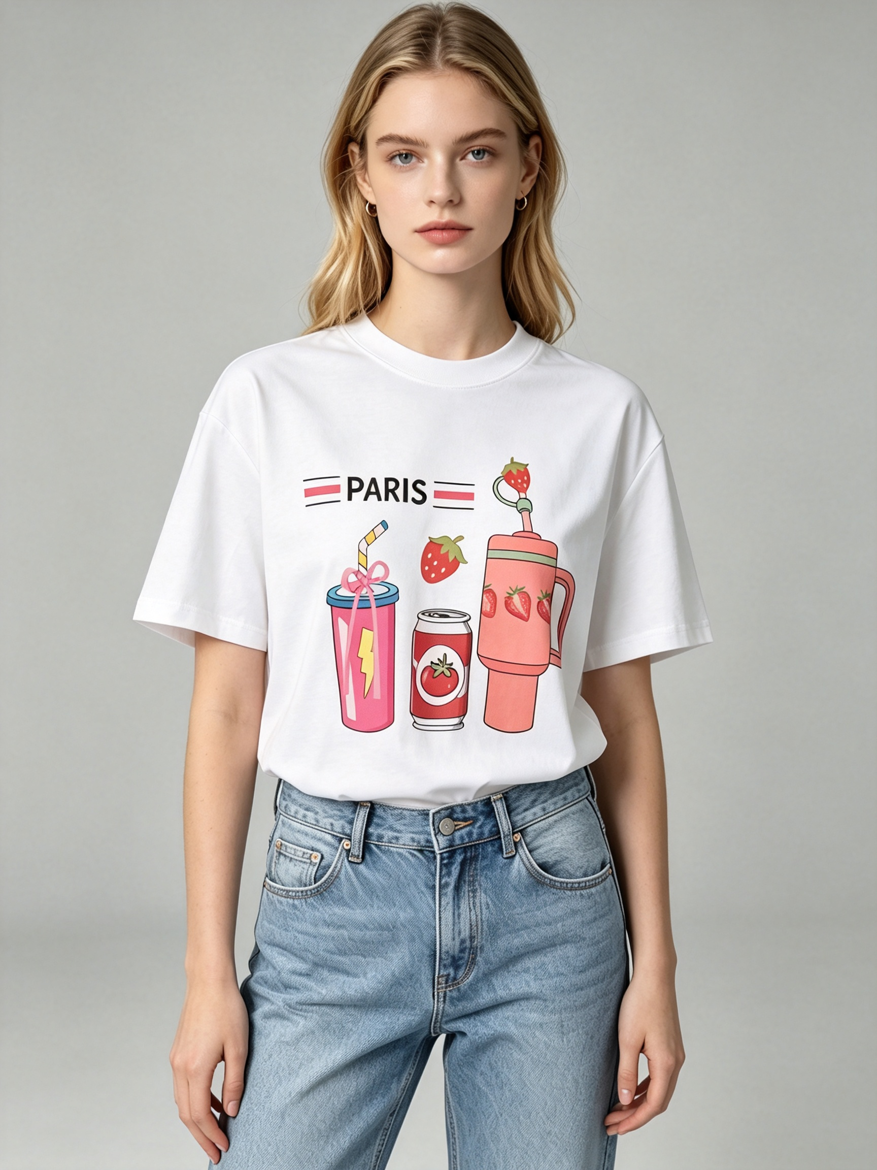 TOP-CCG0909-026 Strawberry Drink Cup Tee (A26)(S-XXXXL)