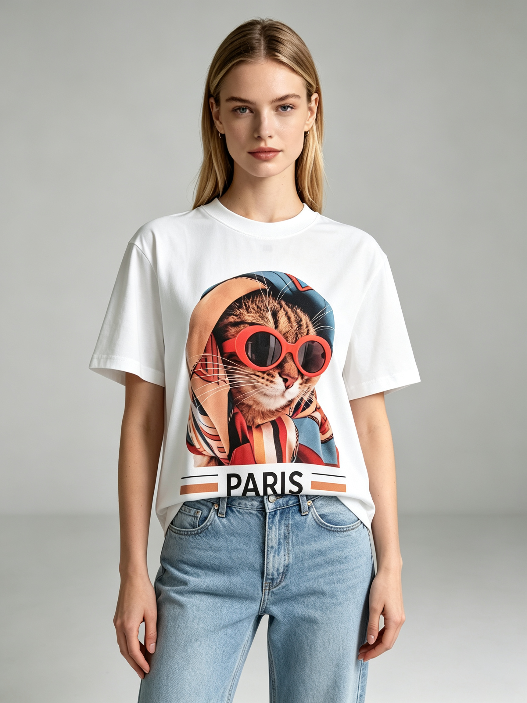 TOP-CCG0909-025 Red Sunglass Scarf Fashion Cat Tee (A25)(S-XXXXL)
