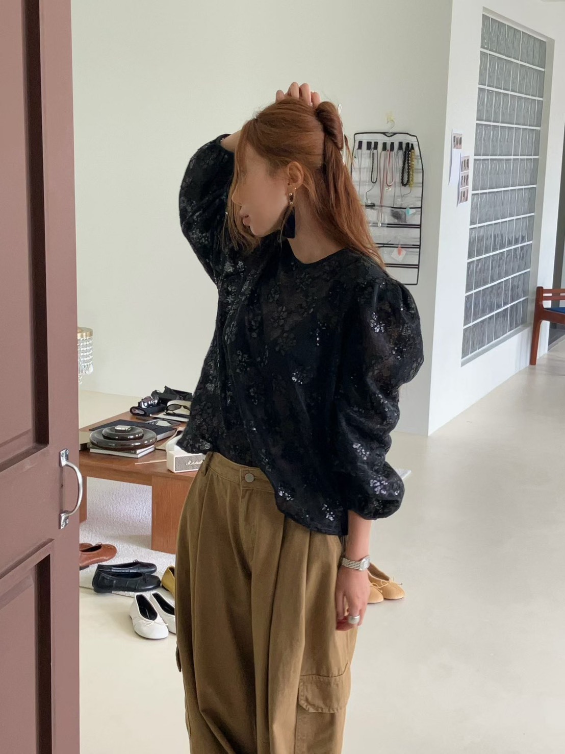亮片花蕾絲公主袖襯衫