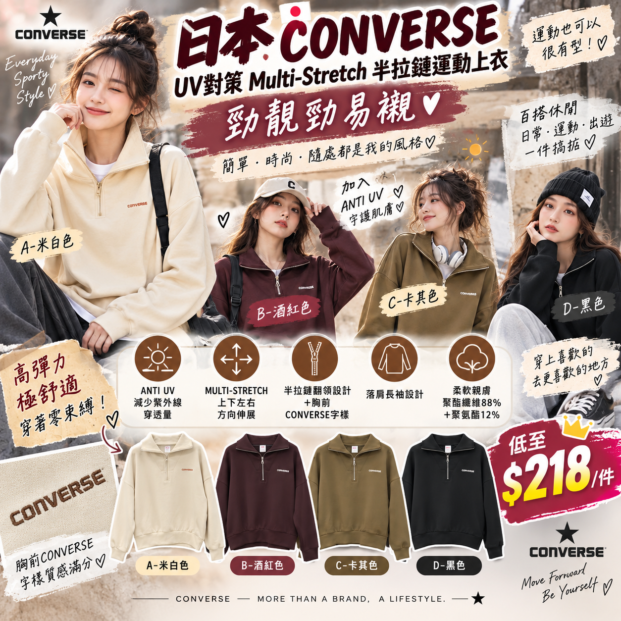 【UB10212】日本CONVERSE UV對策 Multi-Stretch半拉鏈運動上衣