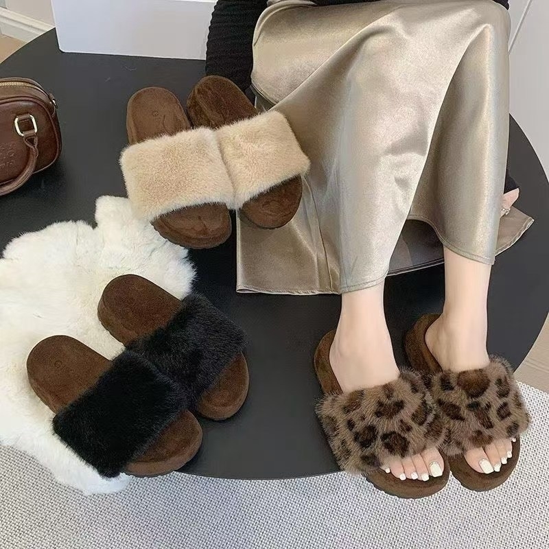 舒服毛毛素面/豹紋拖鞋