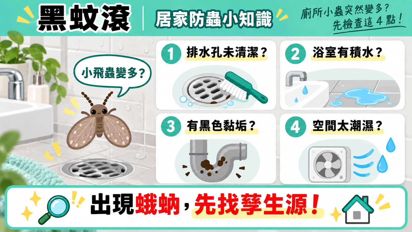廁所小蟲突然變多？出現蛾蚋，先找孳生源！4大檢查點一次看