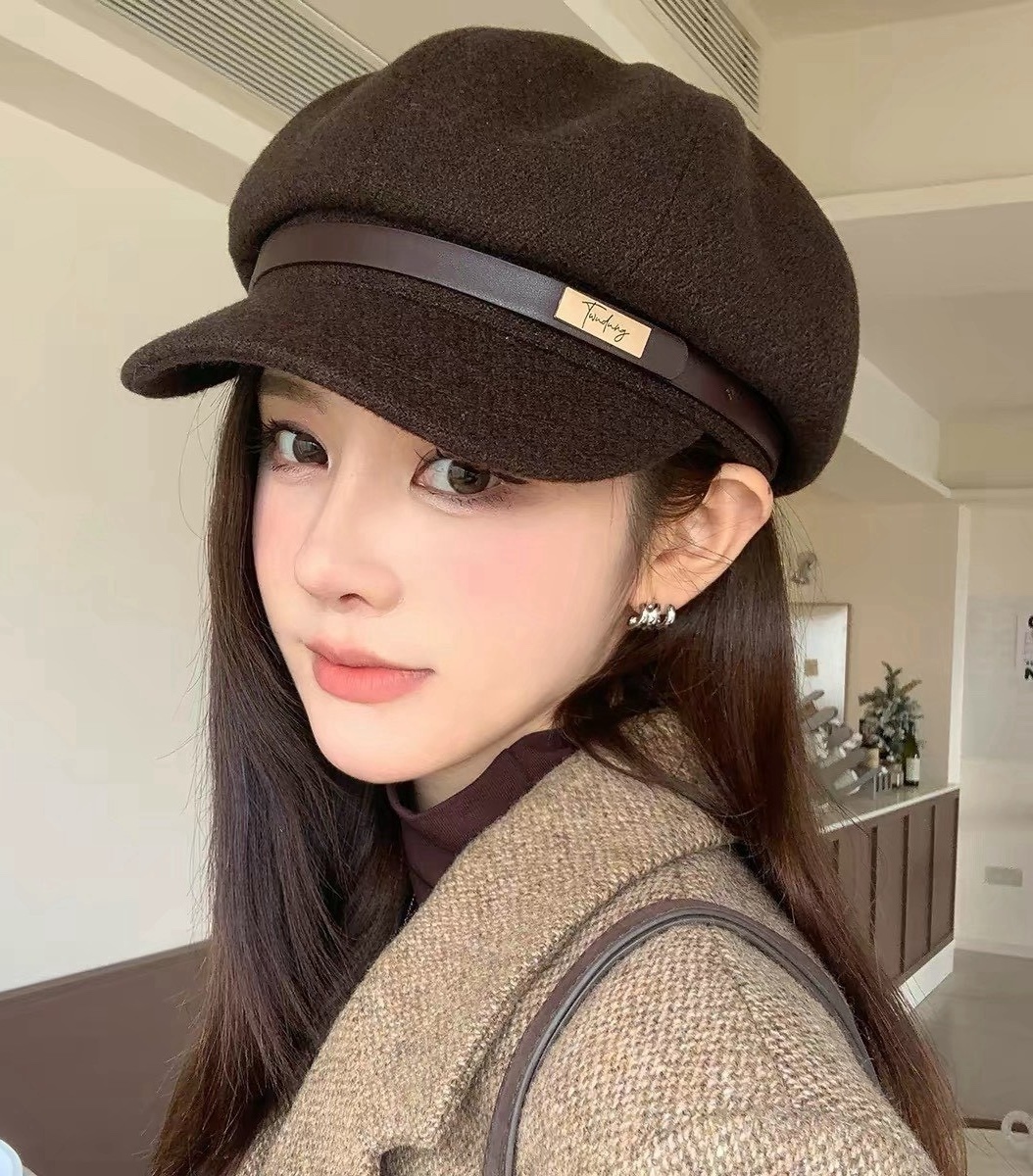 皮帶長金標毛呢報童帽