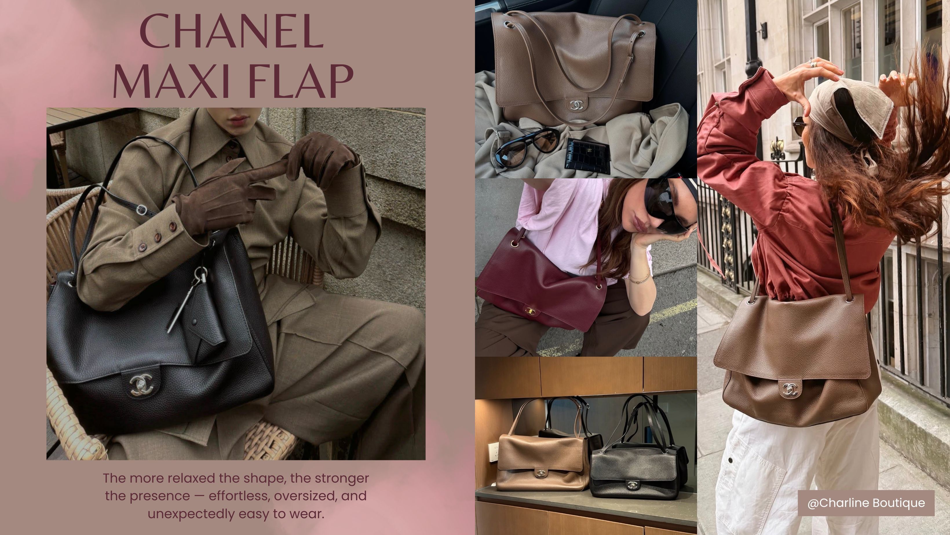 CHANEL Maxi Flap 黑色、棕色與酒紅色實背,呈現大尺寸柔軟垂墜包型