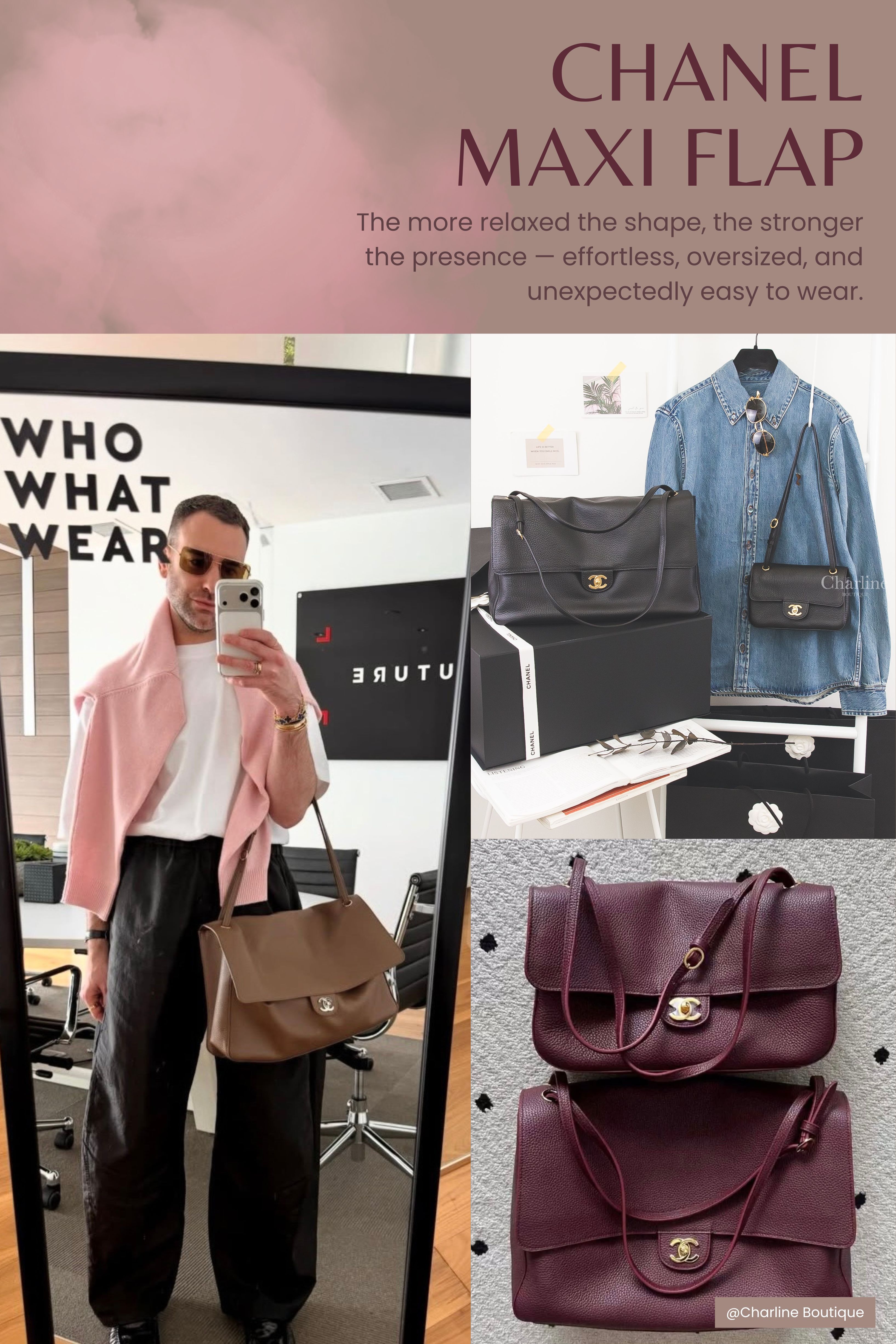 CHANEL Maxi Flap 酒紅色、黑色與棕色肩背實拍,呈現柔軟包身與細肩帶比例
