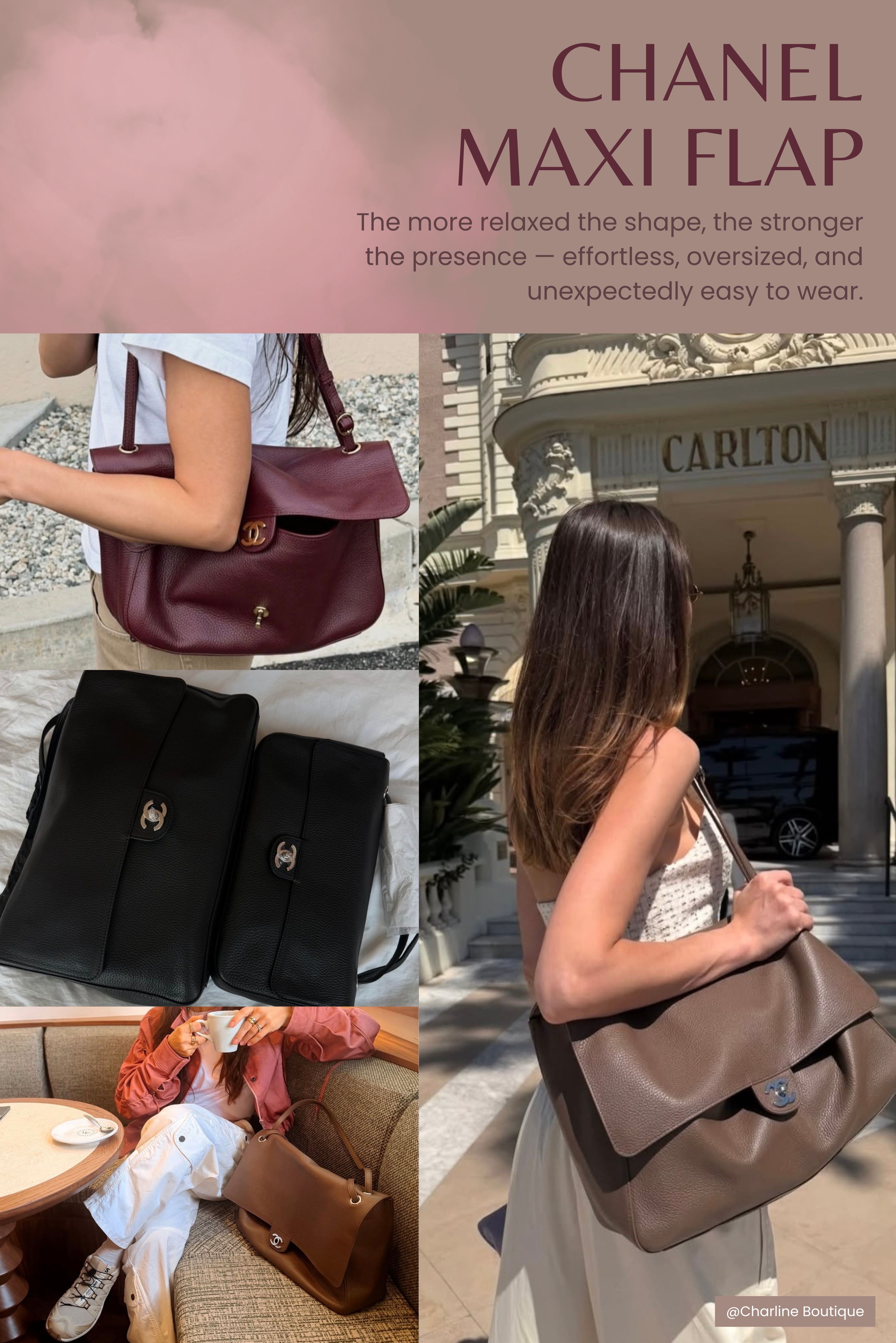 CHANEL Maxi Flap 黑色、棕色與酒紅色街頭實背,呈現 32cm 與大尺寸比例差異