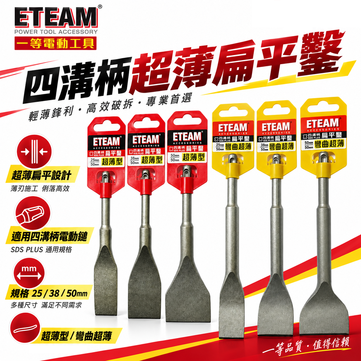 ETEAM 一等｜四溝超薄平鑿 155mm｜四溝超薄彎曲平鑿 210mm｜SDS 超薄平鑿 電鑽平鉆 破壞鑿 扁平鑿