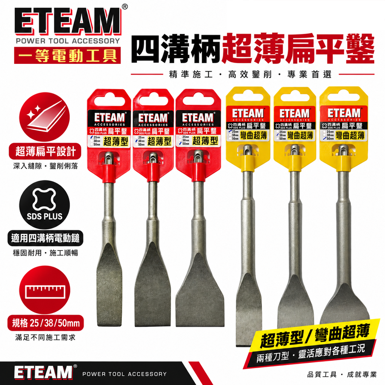 ETEAM 一等｜四溝超薄平鑿 155mm｜四溝超薄彎曲平鑿 210mm｜SDS 超薄平鑿 電鑽平鉆 破壞鑿 扁平鑿