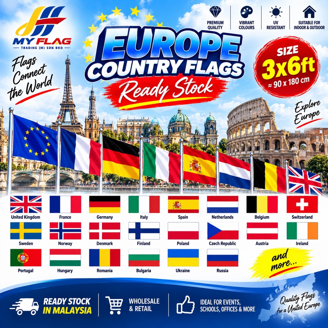 Europe Country Flag 3x6ft | Bendera Negara Eropah | Ready Stock Malaysia | Premium Quality
