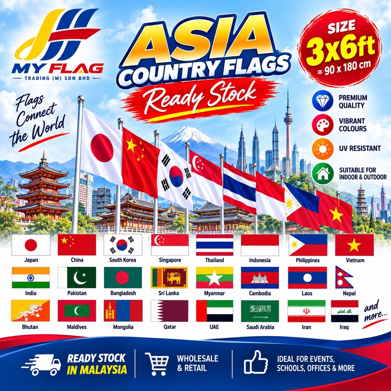 Bendera Negara Asia 3x6ft | Asia Country Flag | Ready Stock Malaysia | Premium Quality