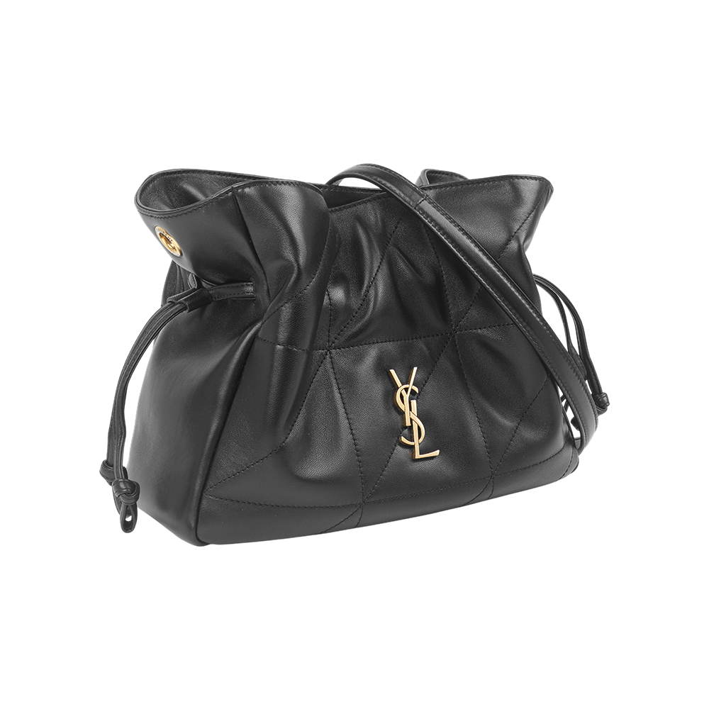 【Yves Saint Laurent】Jamie 金字小羊皮抽繩福袋包/斜背包(黑色)