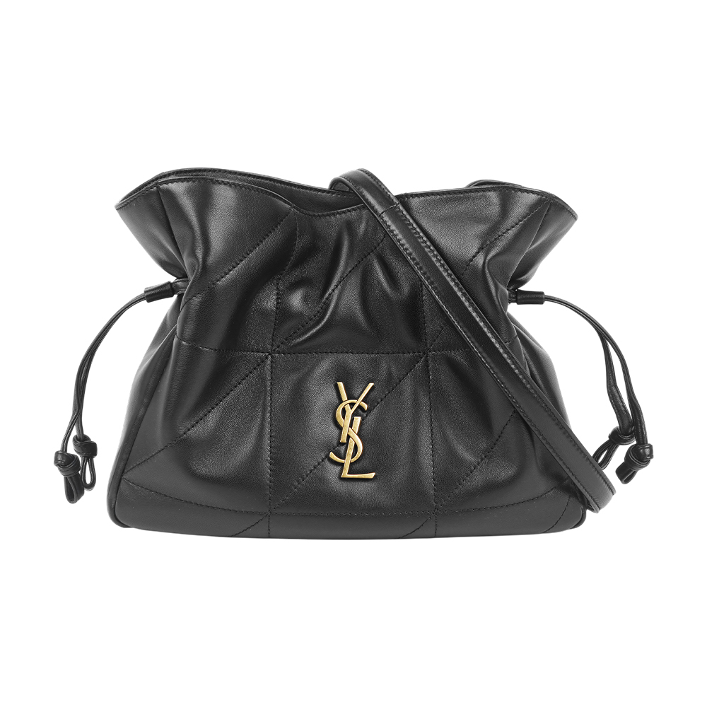 【Yves Saint Laurent】Jamie 金字小羊皮抽繩福袋包/斜背包(黑色)