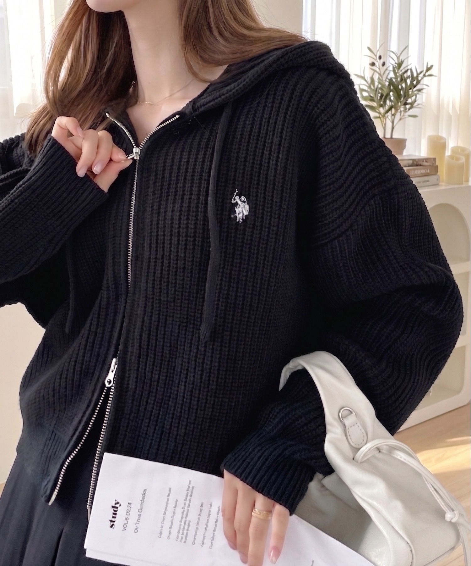 （預購）日本U.S. POLO ASSN. 粗針織 短版 拉鍊連帽外套