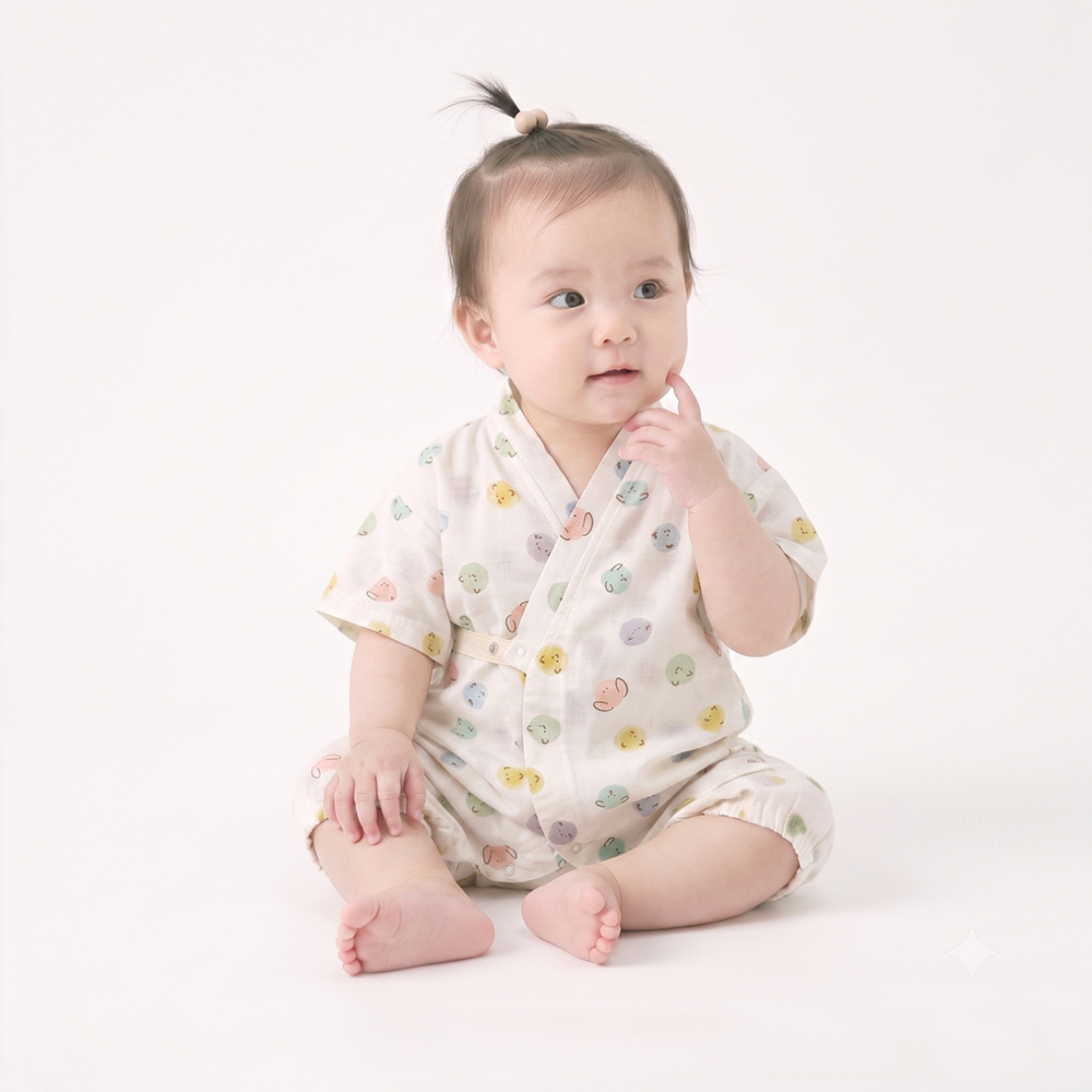 有機棉嬰幼兒柔紗短袖連身和服-泡泡 | 藍天畫布有機棉