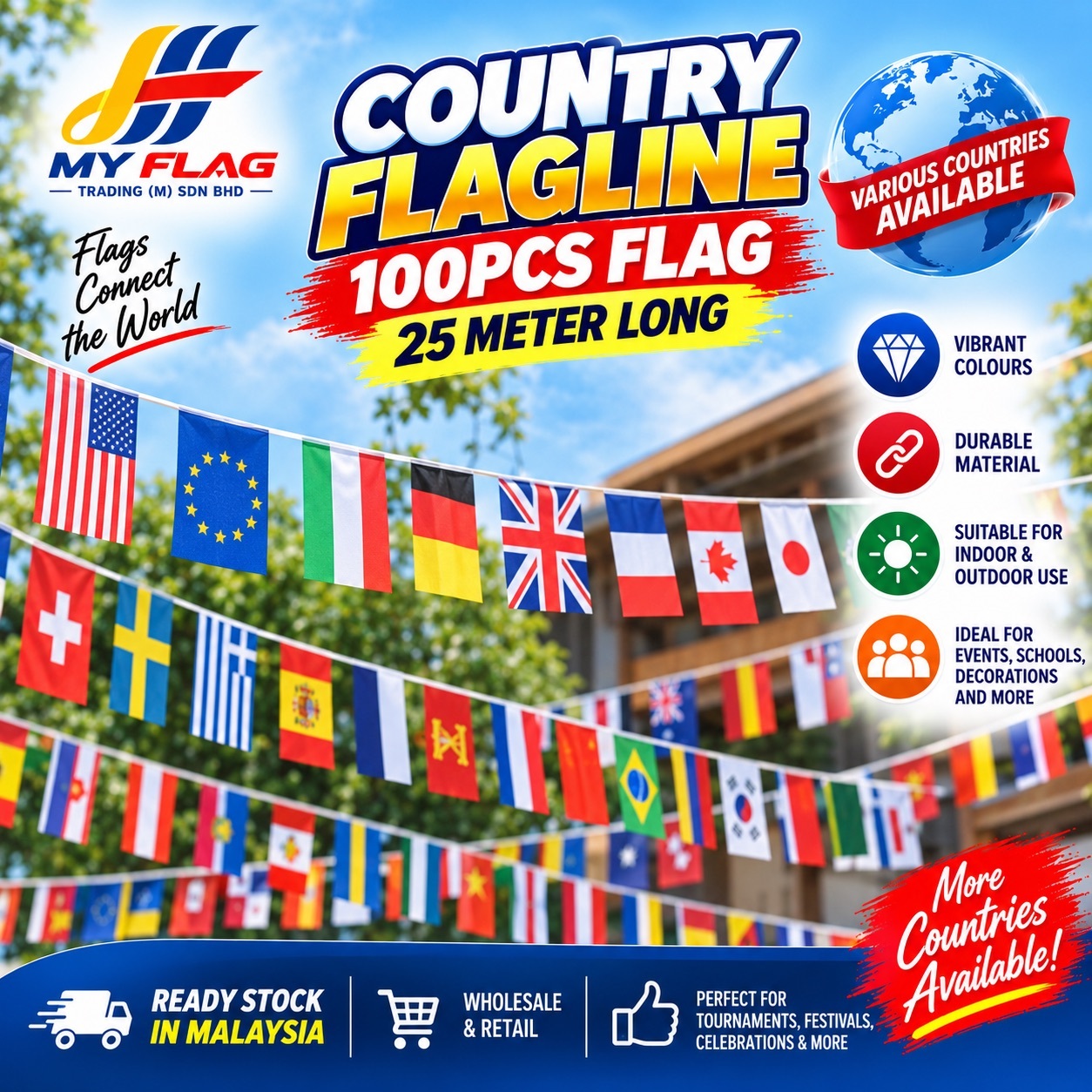 Country Flagline 100pcs | 25 Meter | International Country Flags | Ready Stock Malaysia