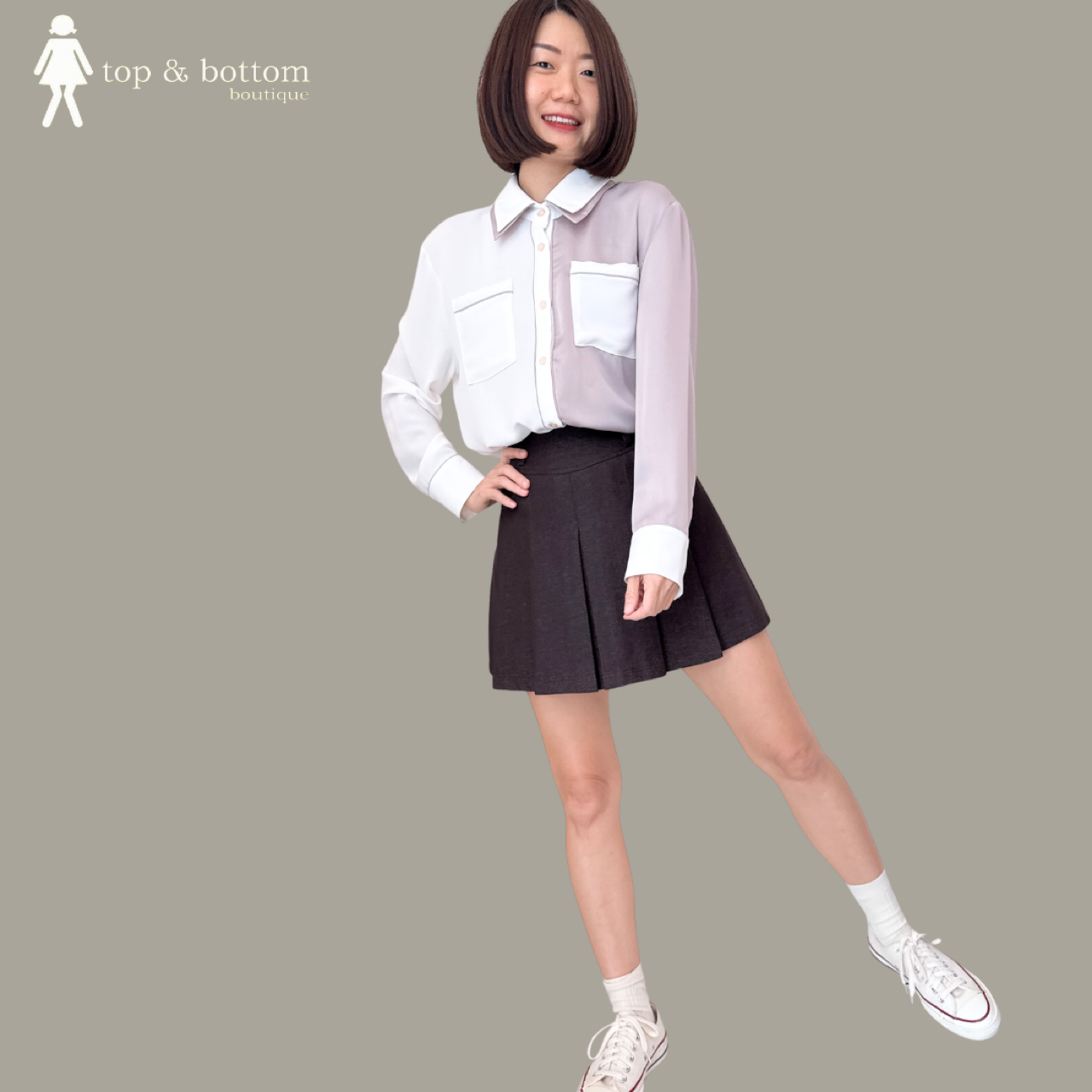 LONG SLEEVE CHIFFON TWO TONE POCKET FRONT SHIRT