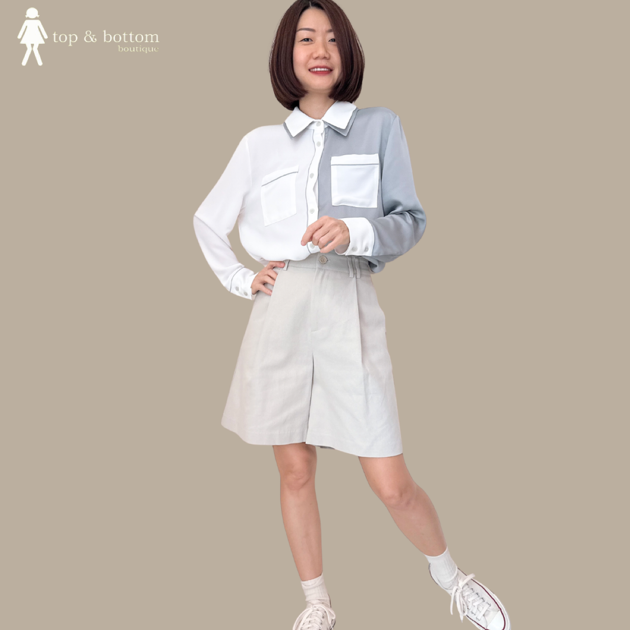 LONG SLEEVE CHIFFON TWO TONE POCKET FRONT SHIRT