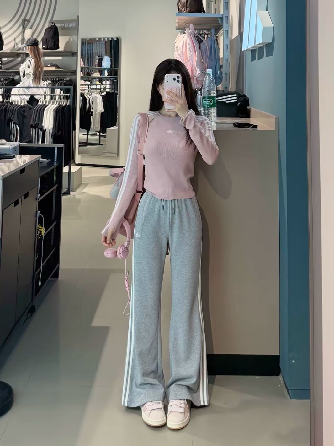 ADIDAS ORIGINALS 針織 修身 喇叭褲 淺灰色