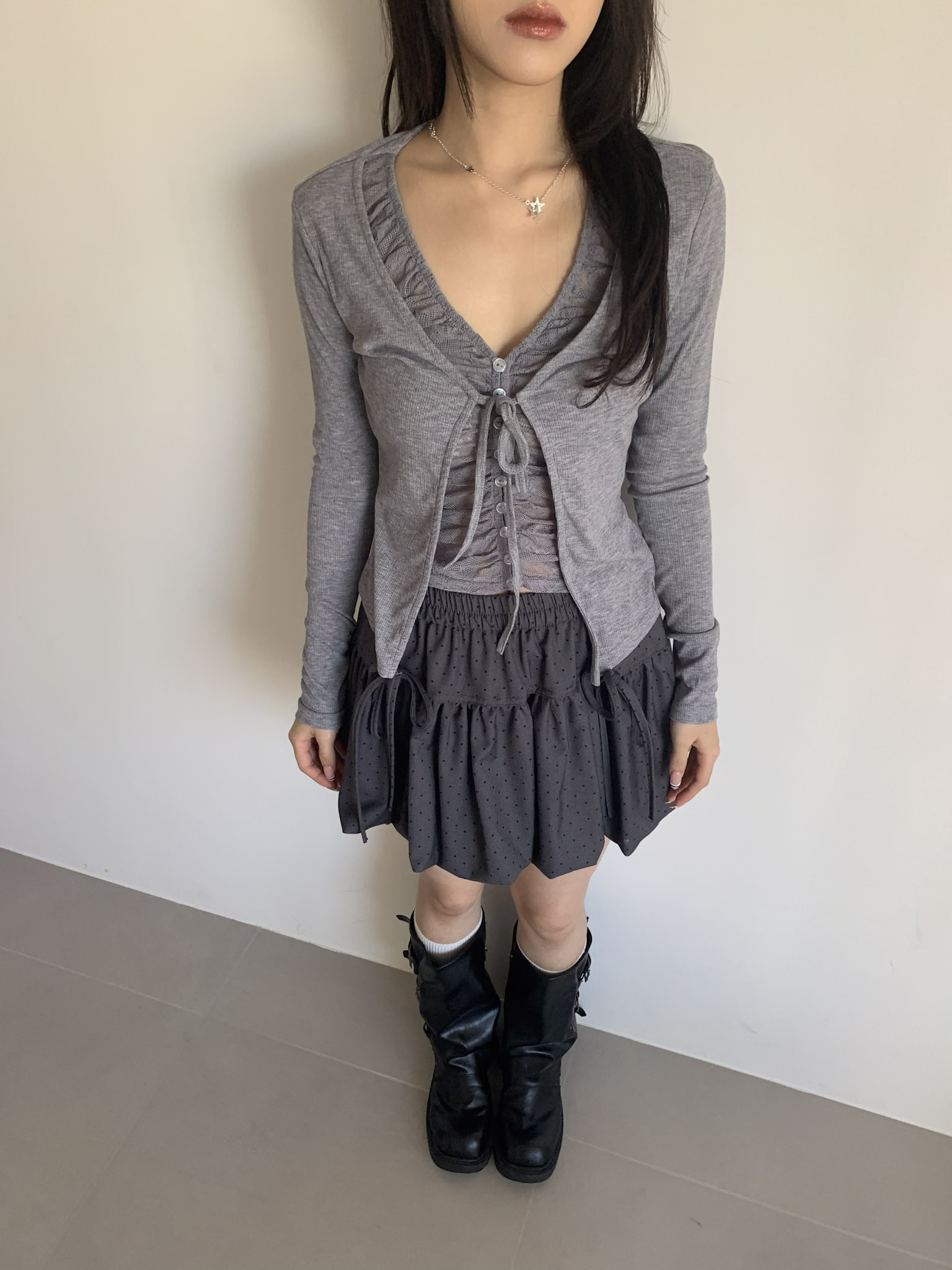 ISA_inner beauty 假二件褶皺蕾絲綁帶上衣_68005