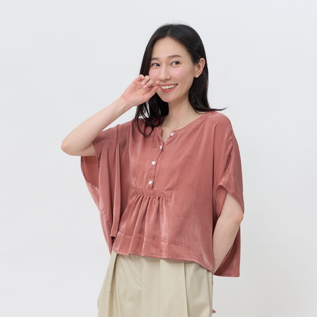 Bruni Half-Collar Pleated Wide-Style Top/Coral Pink