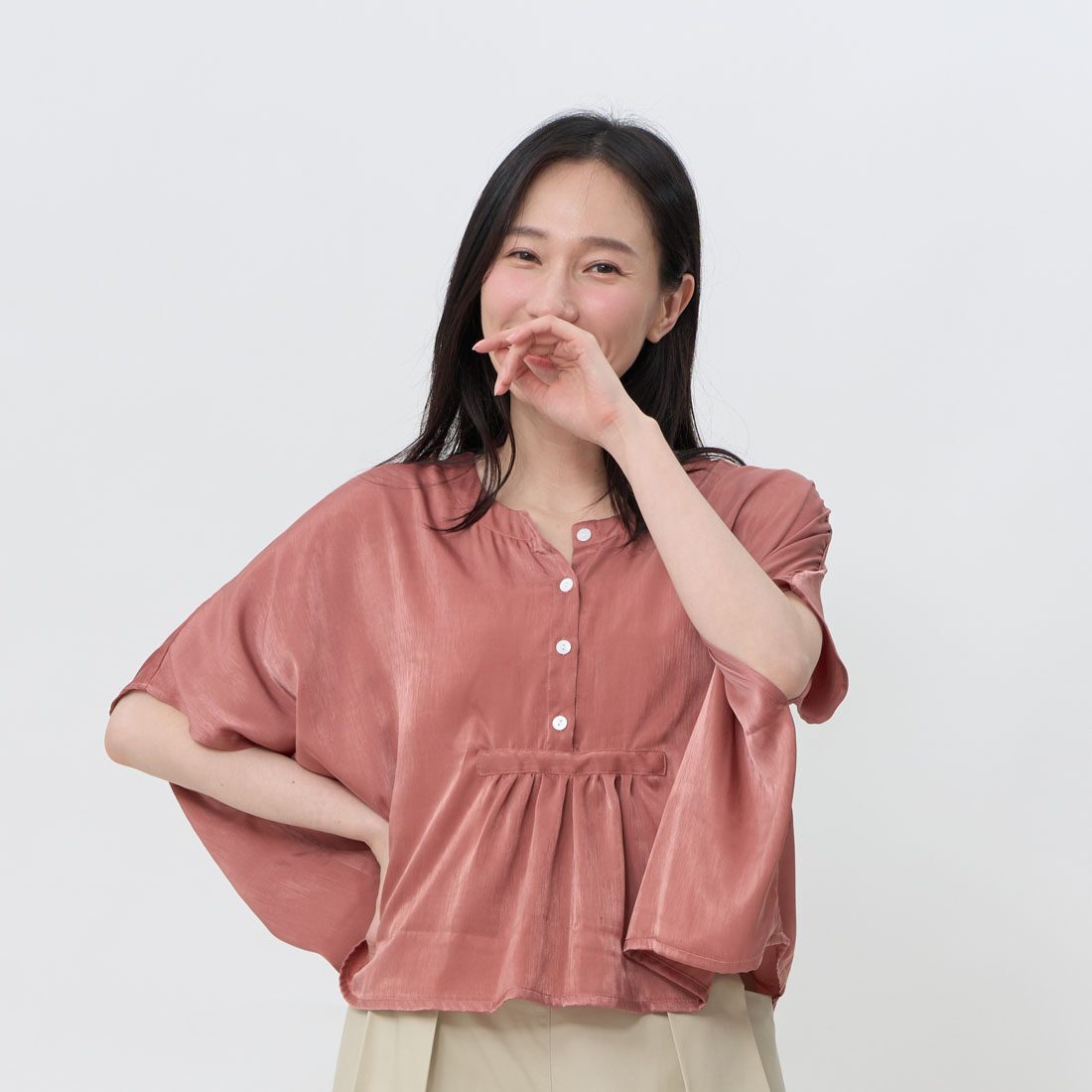 Bruni Half-Collar Pleated Wide-Style Top/Coral Pink