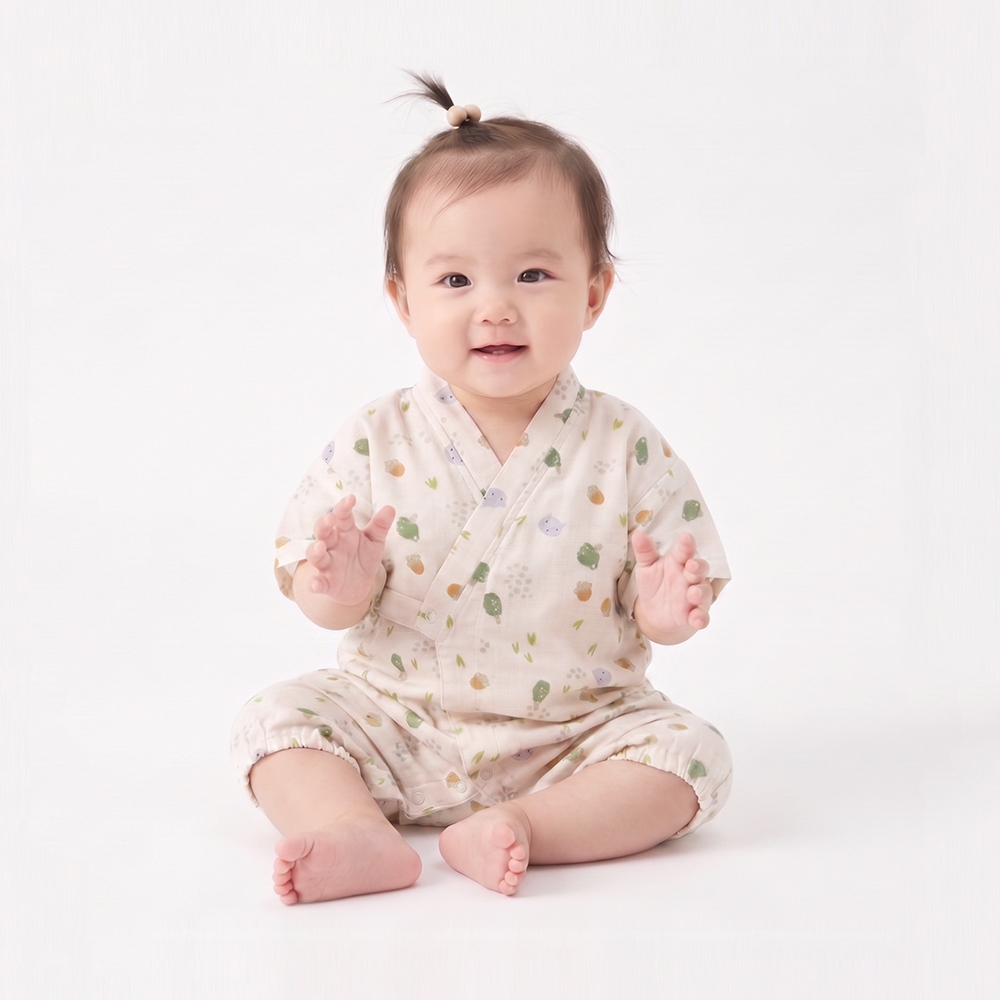 有機棉嬰幼兒柔紗短袖連身和服-櫟子熊 | 藍天畫布有機棉