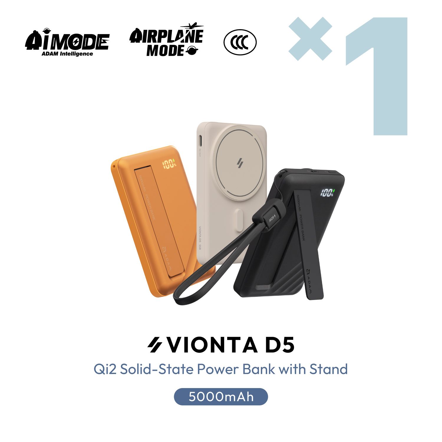 VIONTA D5 Qi2 Solid-State Power Bank with Stand
