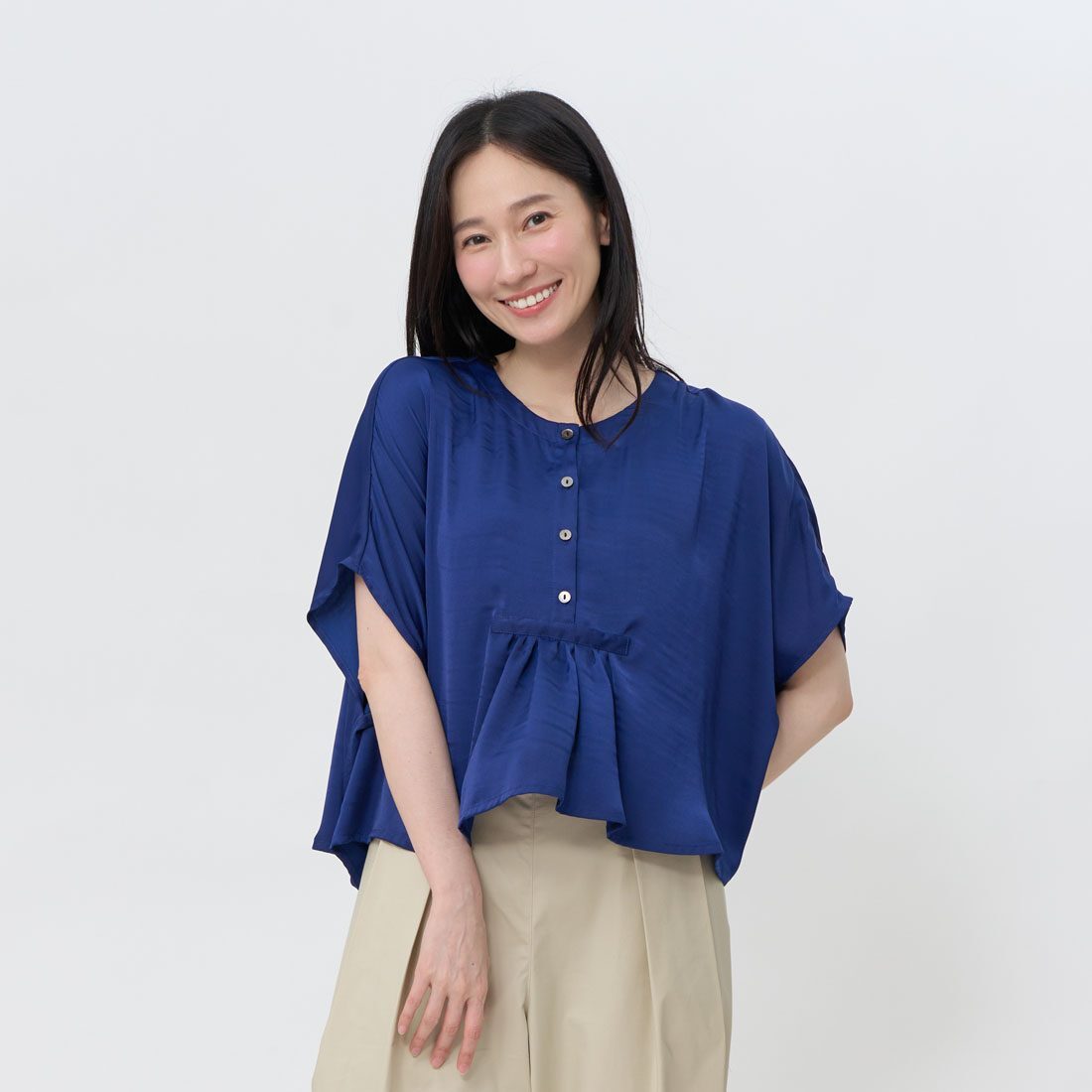 Bruni Half-Collar Pleated Wide-Style Top/Blue