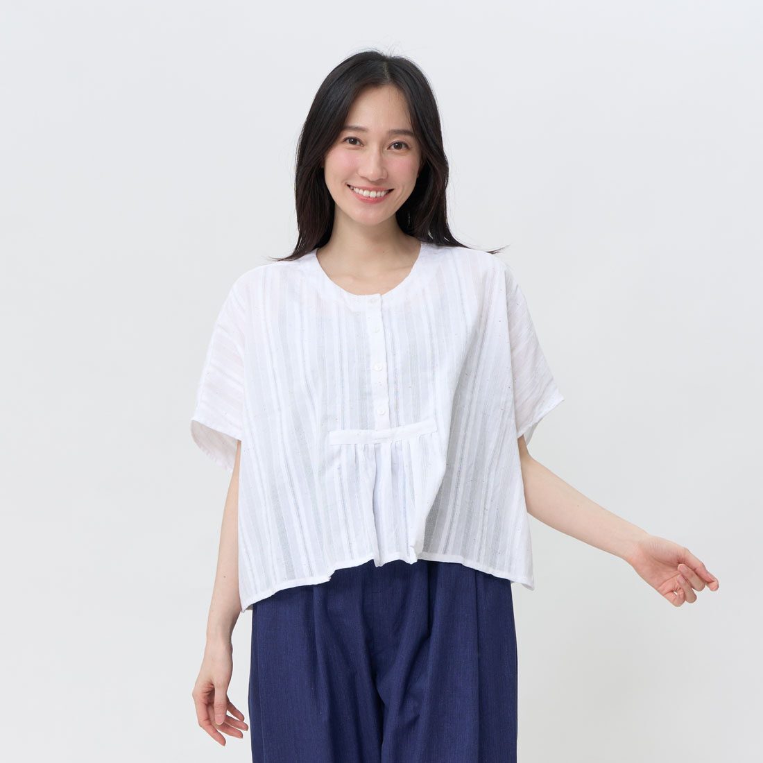 Bruni Half-Collar Pleated Wide-Style Top/White