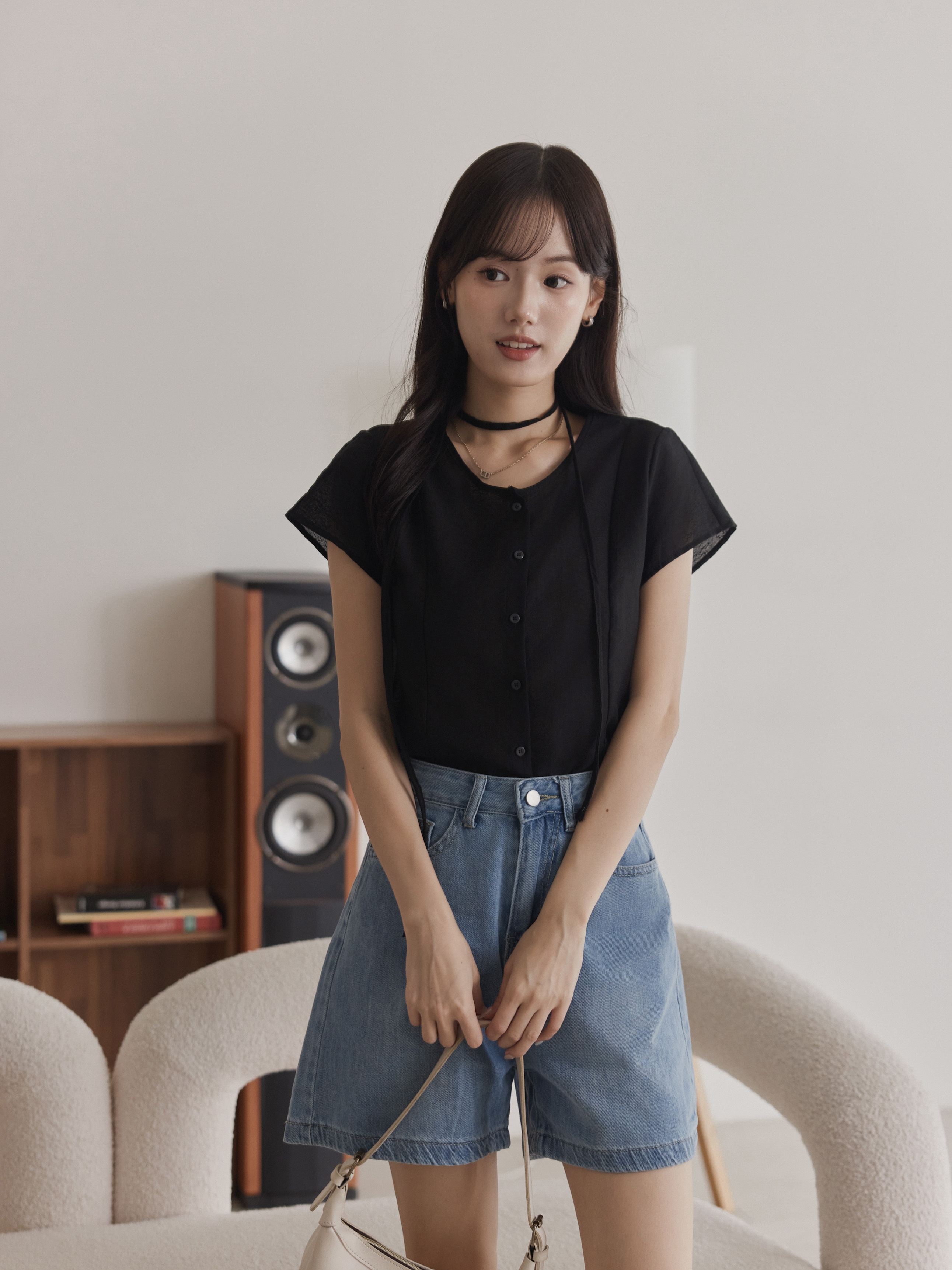 Refined Lightweight & Sheer Button-Front Tie Top