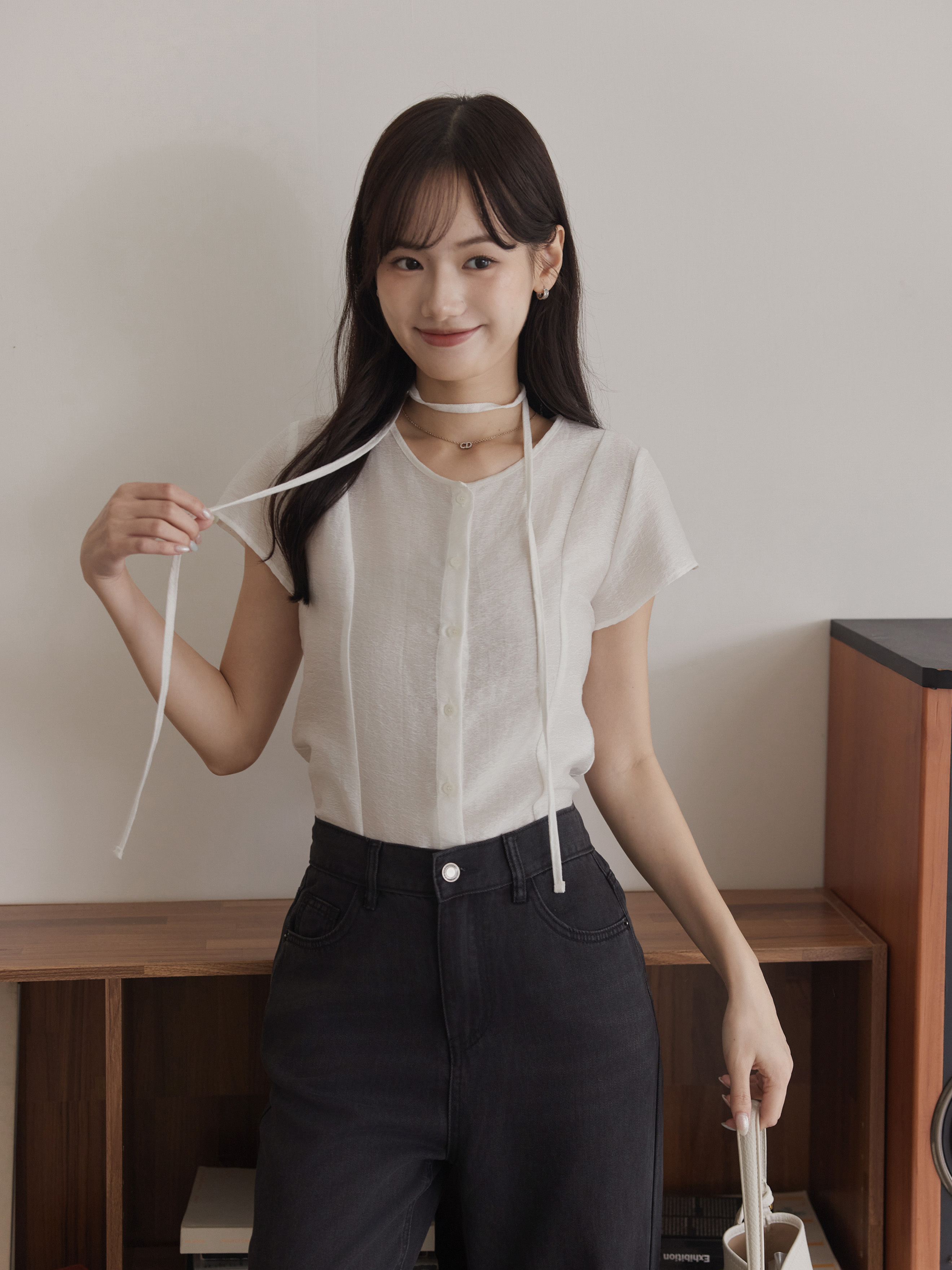 Refined Lightweight & Sheer Button-Front Tie Top