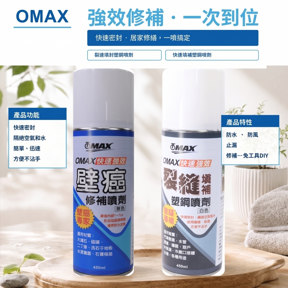 OMAX強效裂縫填補塑鋼噴劑+強效快速壁癌修補噴劑(組合包) 破盤下殺 OMAX歐妹思購物網