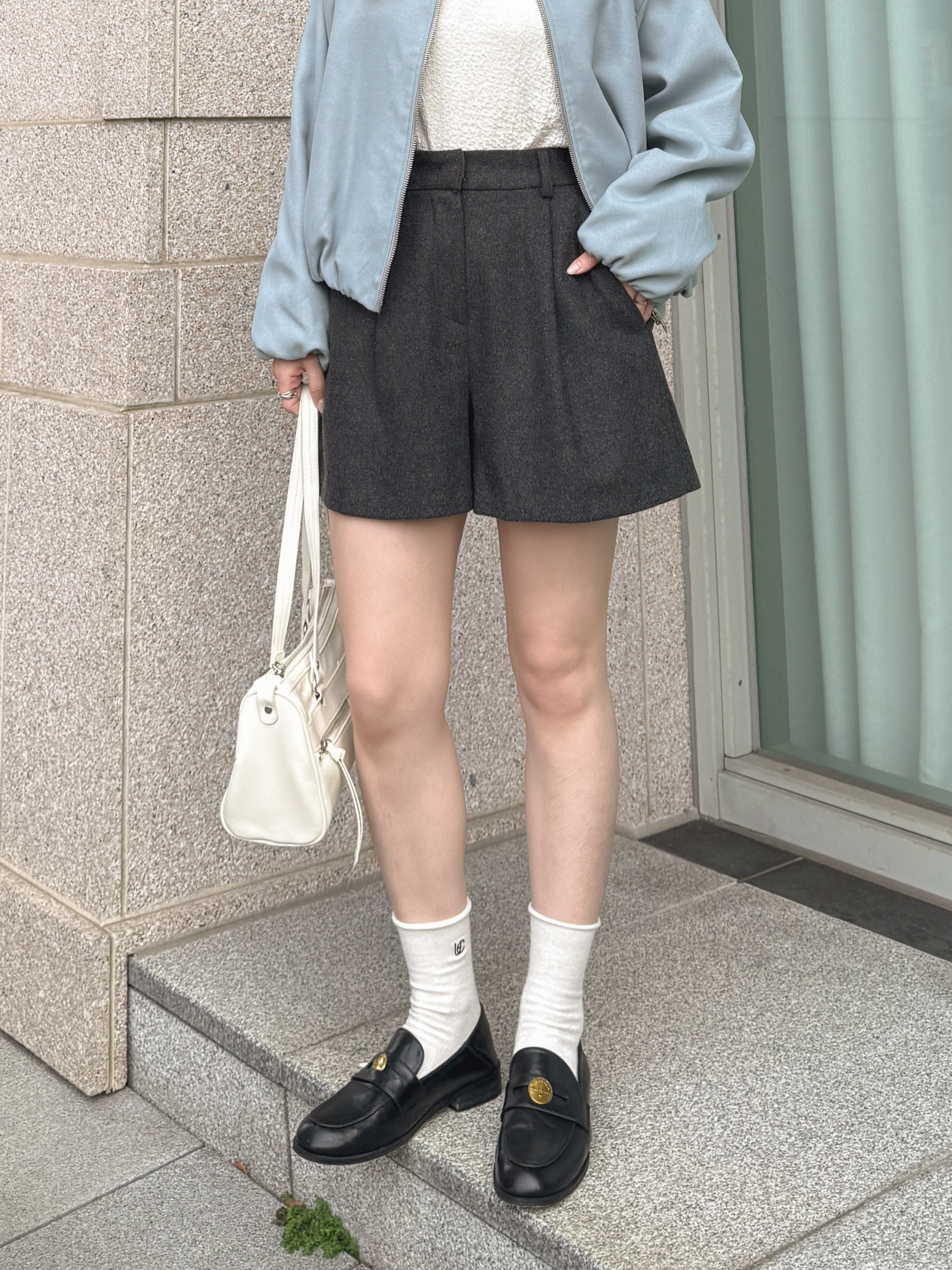 ハイウエスト ウール混 ショートパンツ