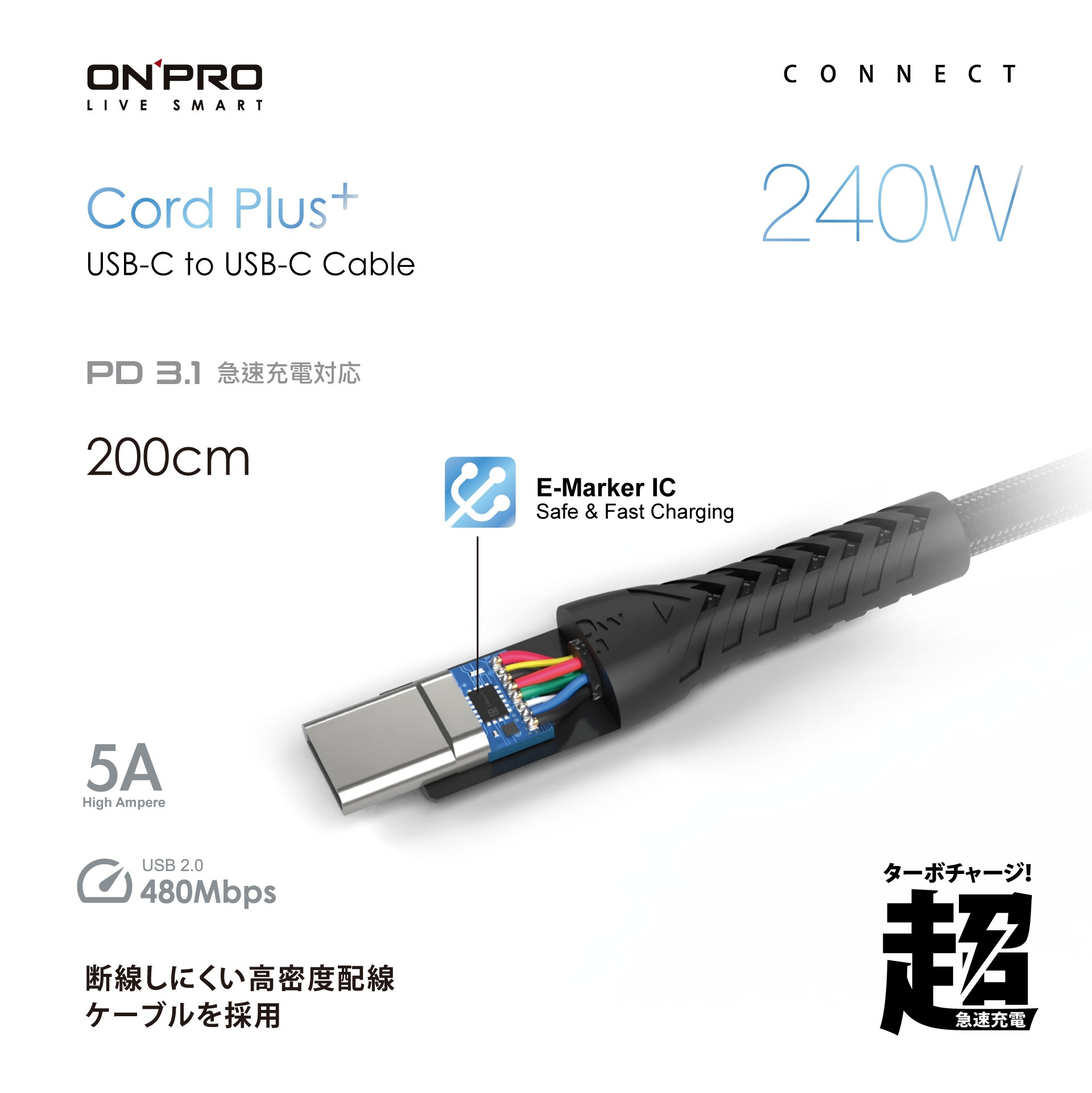 小誠3C｜ONPRO Cord Plus USB-C to C PD240W 快充傳輸線 200cm