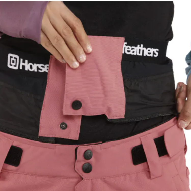 HORSEFEATHERS Lotte II Shell Pants 常規版型滑雪褲粉色款近照,展示腰部調節構造